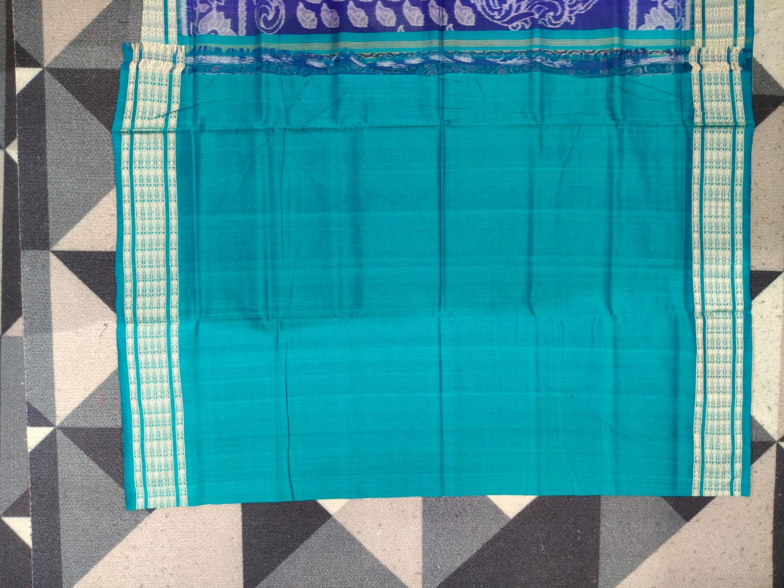 Blue Sea Green Full Body Sankha & Scot Lotus Design Sambalpuri Cotton Saree