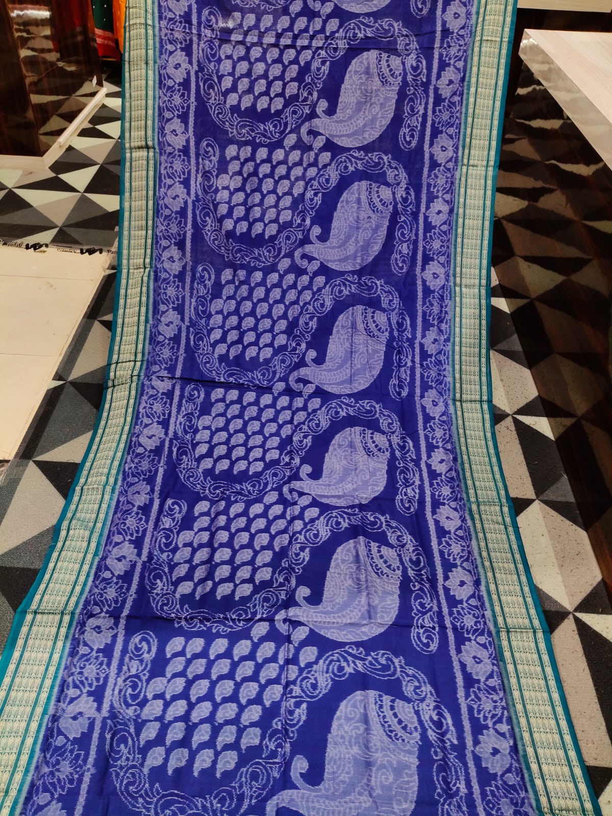 Blue Sea Green Full Body Sankha & Scot Lotus Design Sambalpuri Cotton Saree