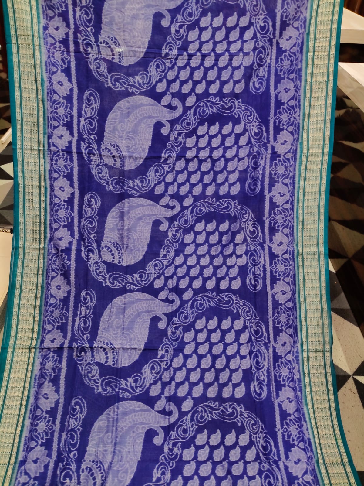 Blue Sea Green Full Body Sankha & Scot Lotus Design Sambalpuri Cotton Saree
