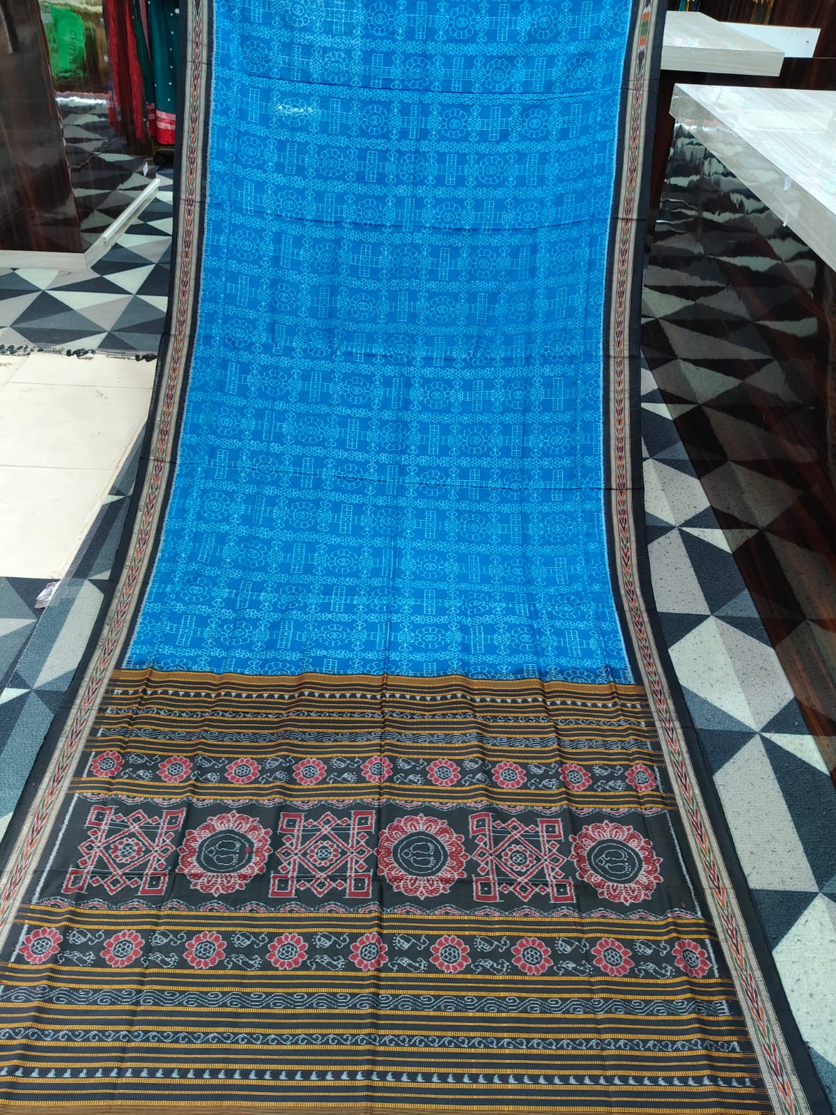 Copper Sulphate Black Flower  Design Sambalpuri Cotton Saree