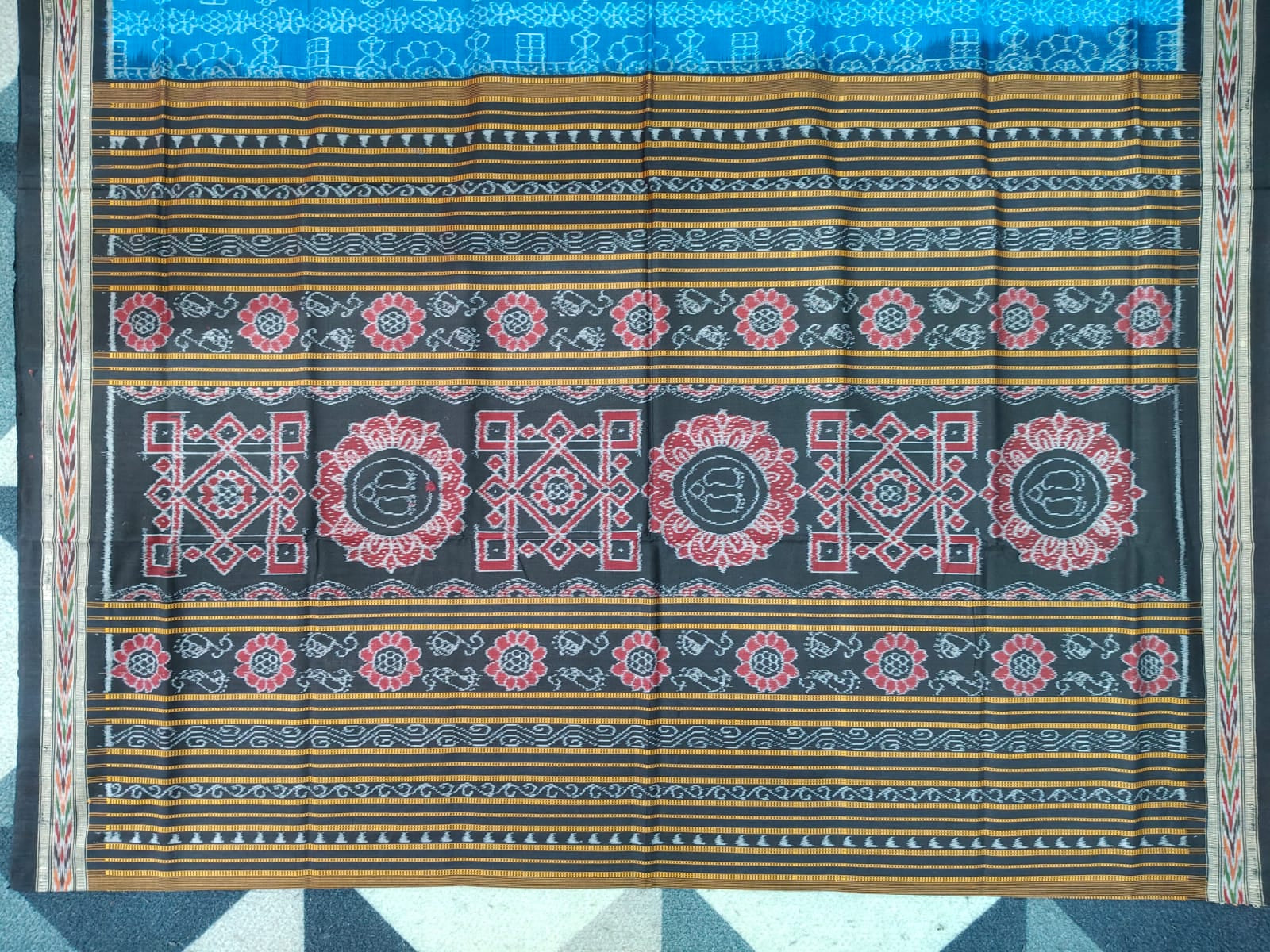 Copper Sulphate Black Flower  Design Sambalpuri Cotton Saree