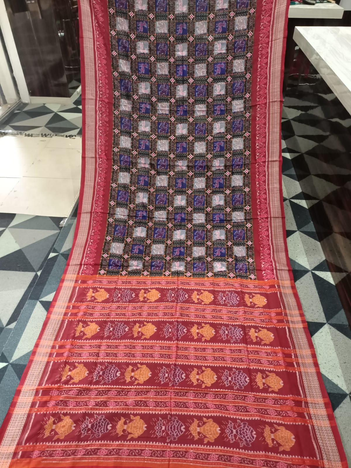 Blue Maroon 7 Kothi Elephant & Deer Design Sambalpuri Cotton Saree