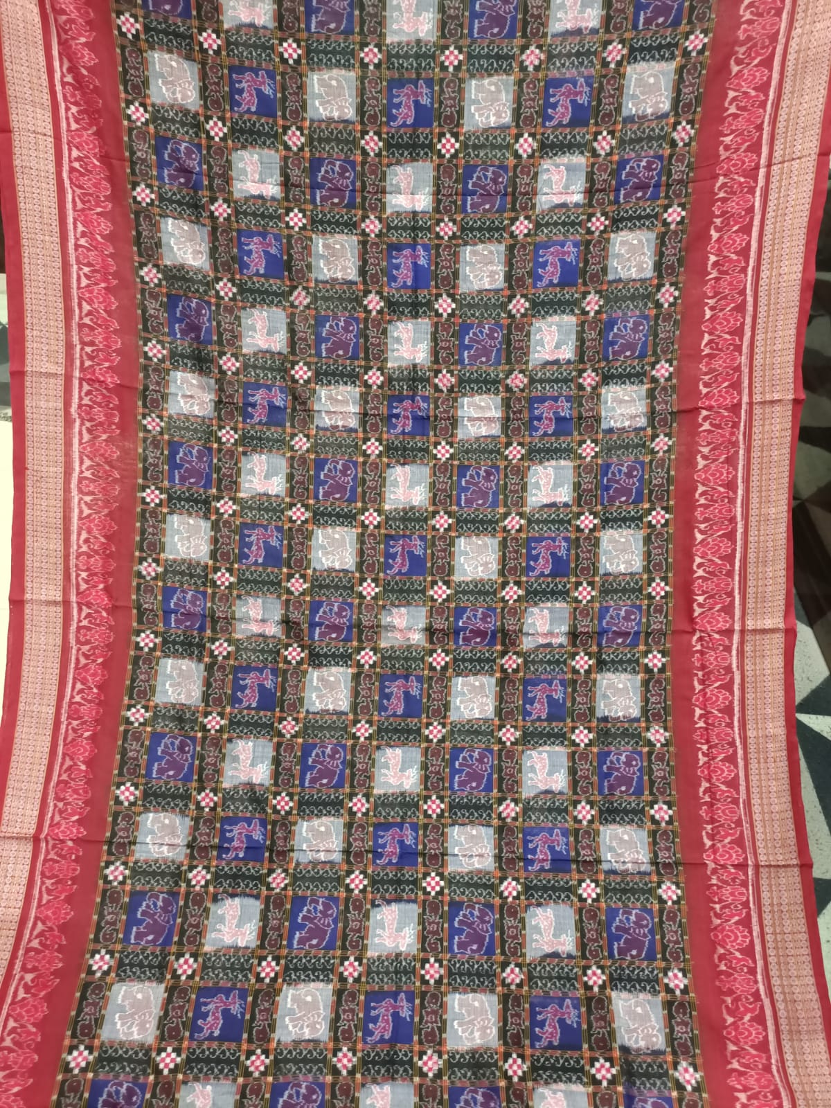 Blue Maroon 7 Kothi Elephant & Deer Design Sambalpuri Cotton Saree