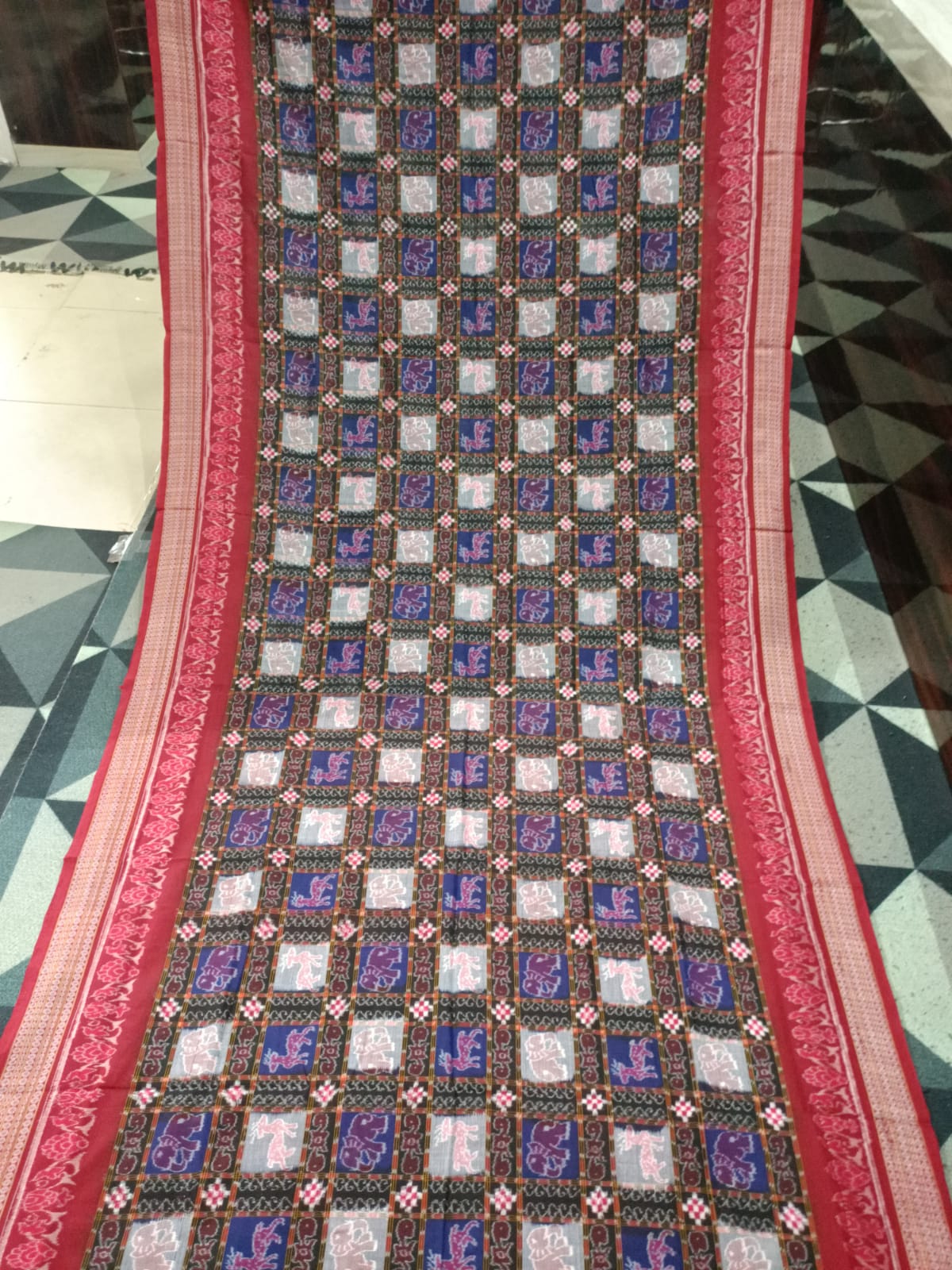 Blue Maroon 7 Kothi Elephant & Deer Design Sambalpuri Cotton Saree