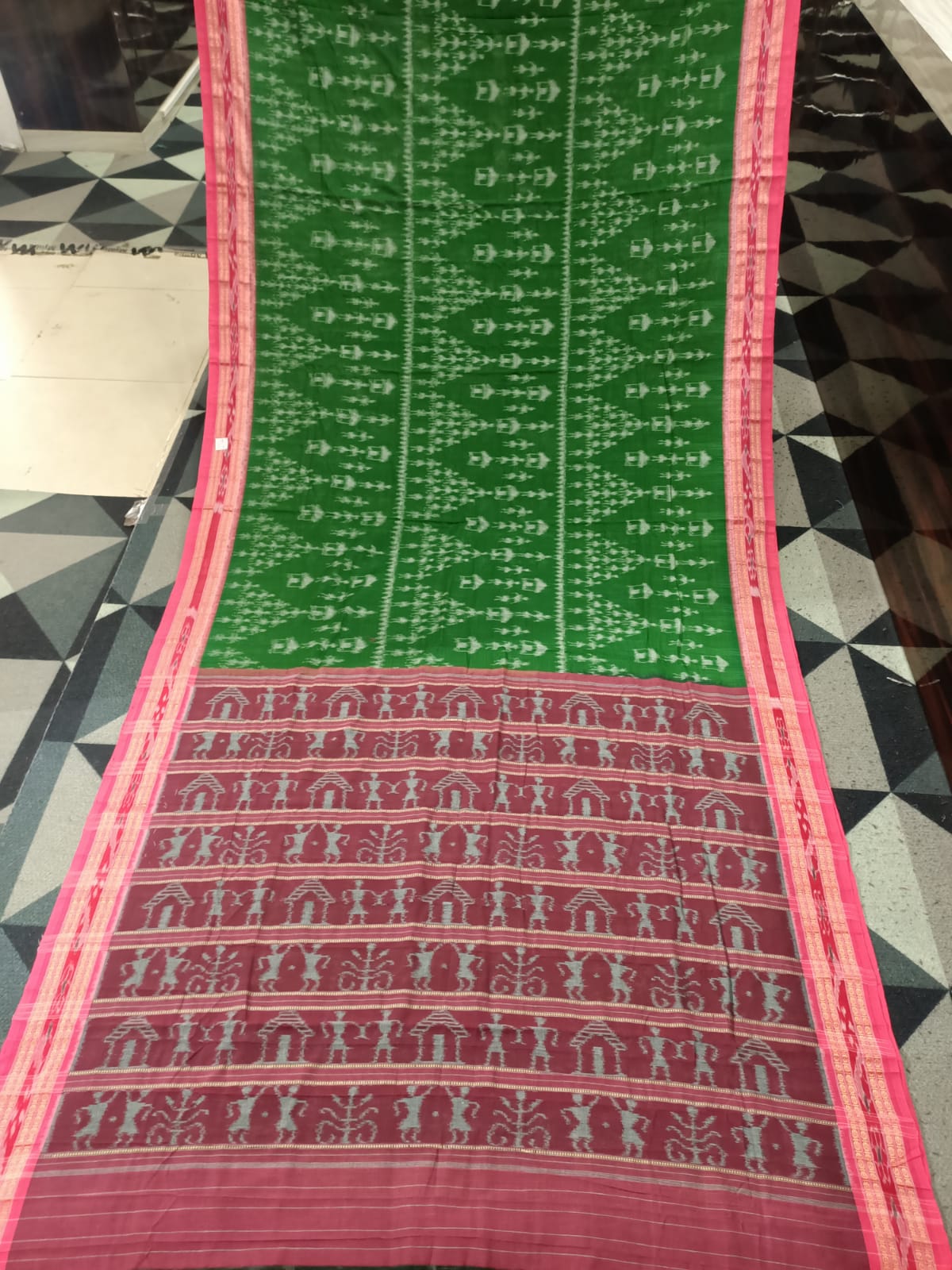 Green Pink Tribal Design Khandua Cotton Saree