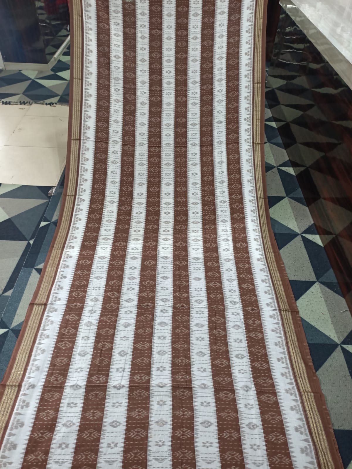 White Brown Ekat Design Khandua Cotton Saree