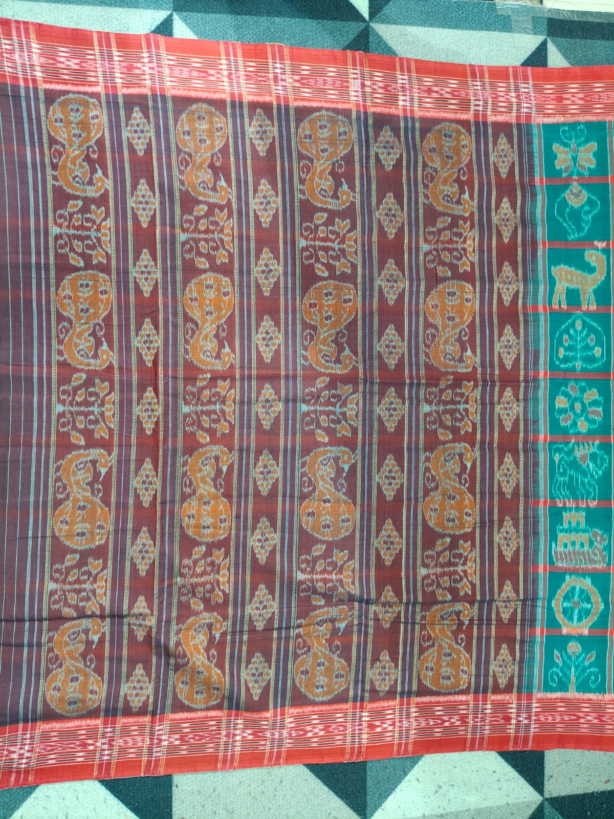 Green Red Nabakothi  Khandua Cotton Saree