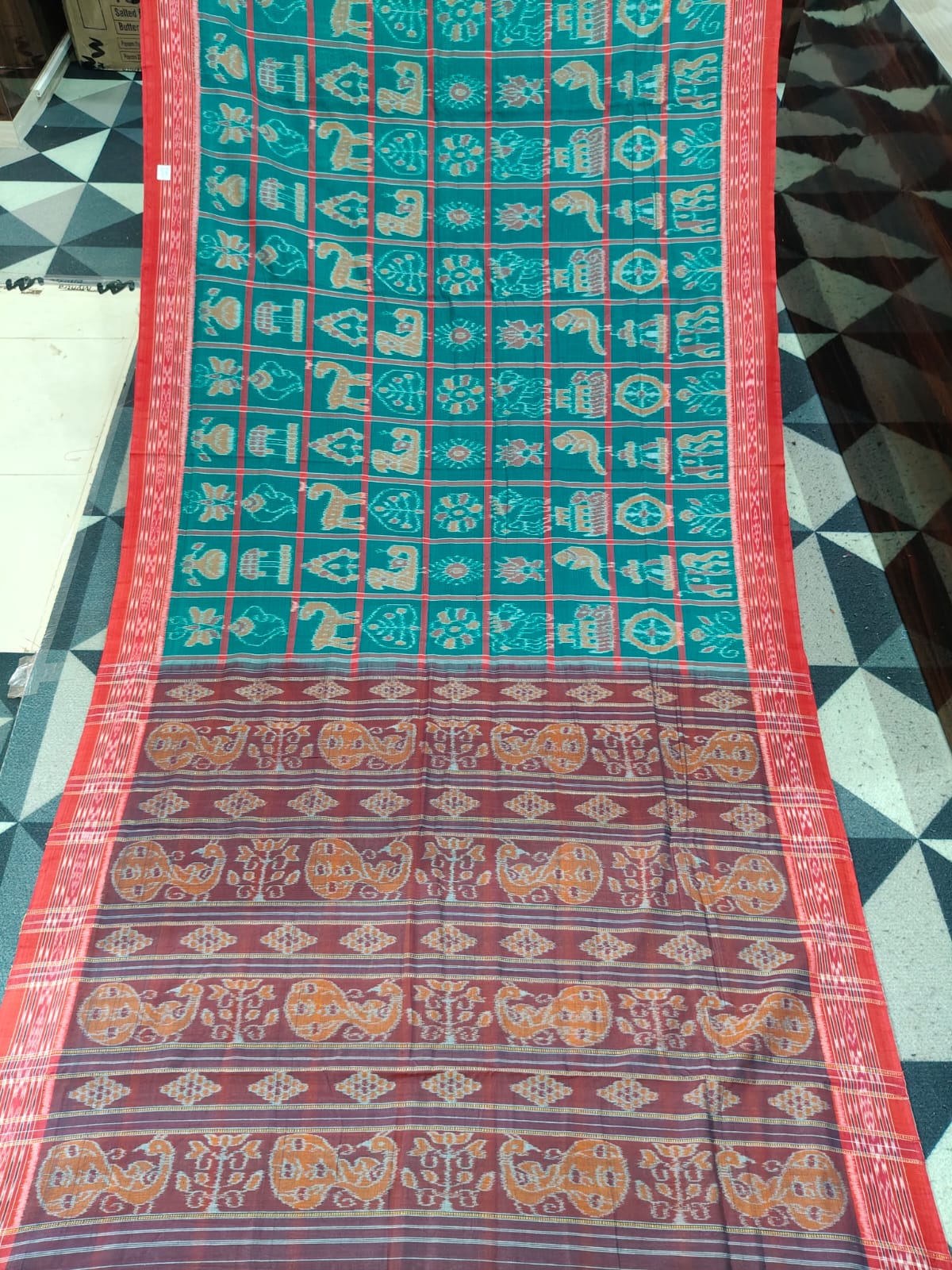 Green Red Nabakothi  Khandua Cotton Saree