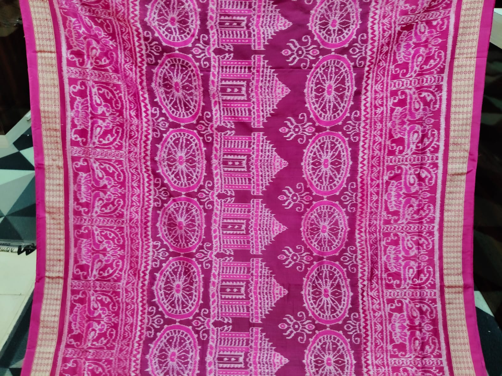 Rani Pink Konark Temple & Wheel Sambalpuri Semi Silk Saree
