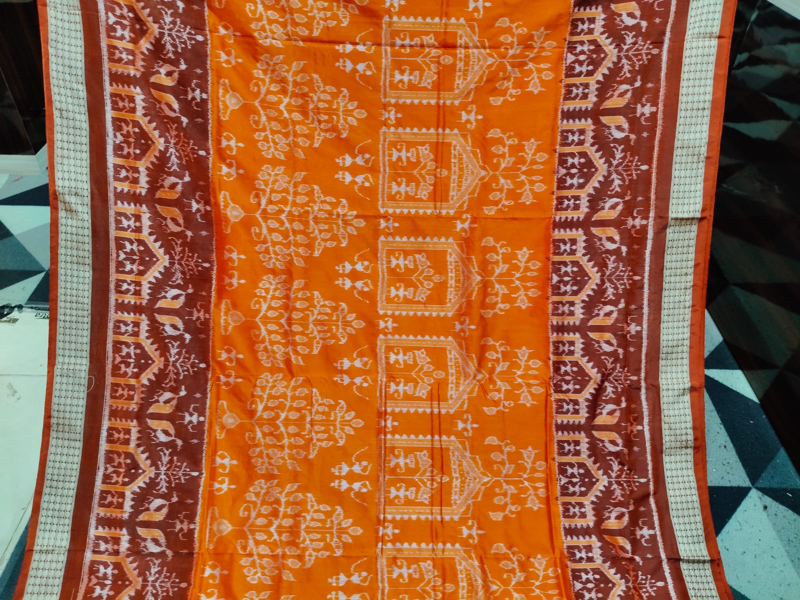 Orange Coffee Tribal & Tree Sambalpuri Semi Silk Saree