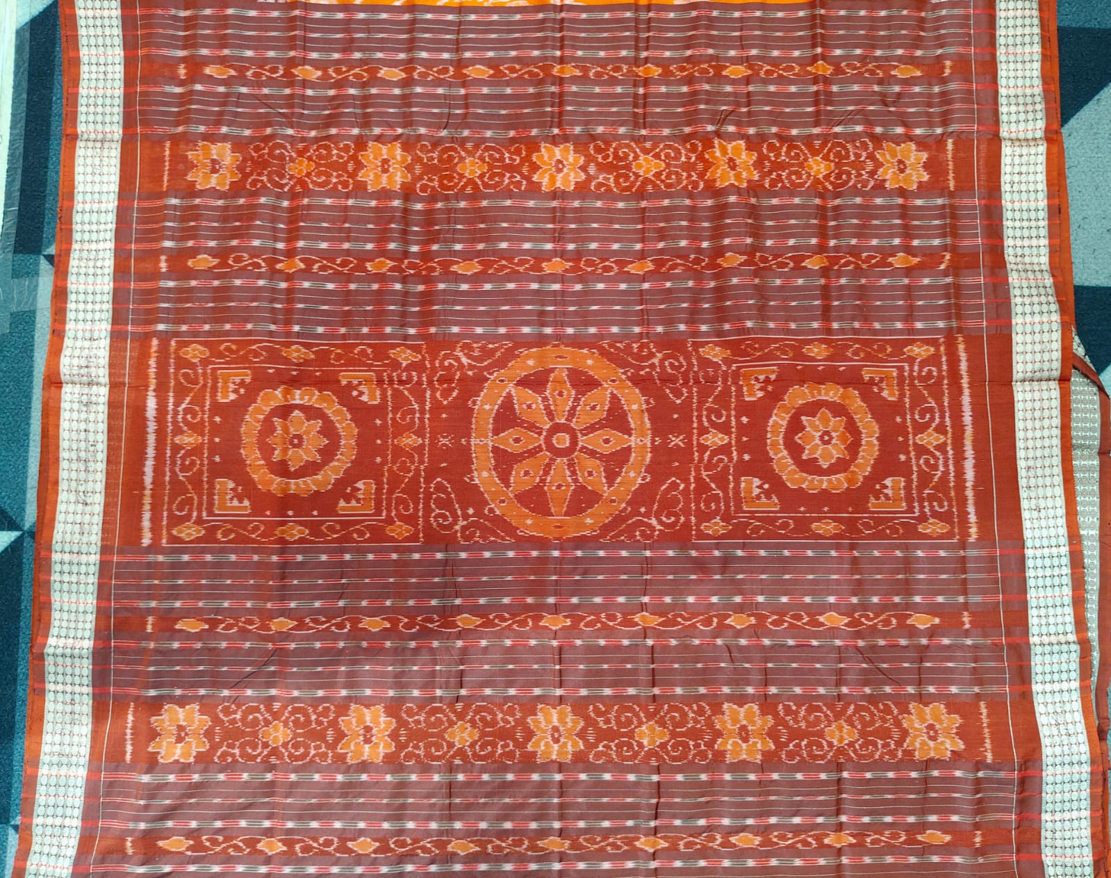 Orange Coffee Tribal & Tree Sambalpuri Semi Silk Saree