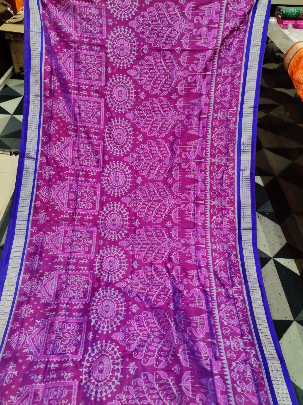 Magenta Blue Round Tribal Tree & Scot Elephant Sambalpuri Semi Silk Saree