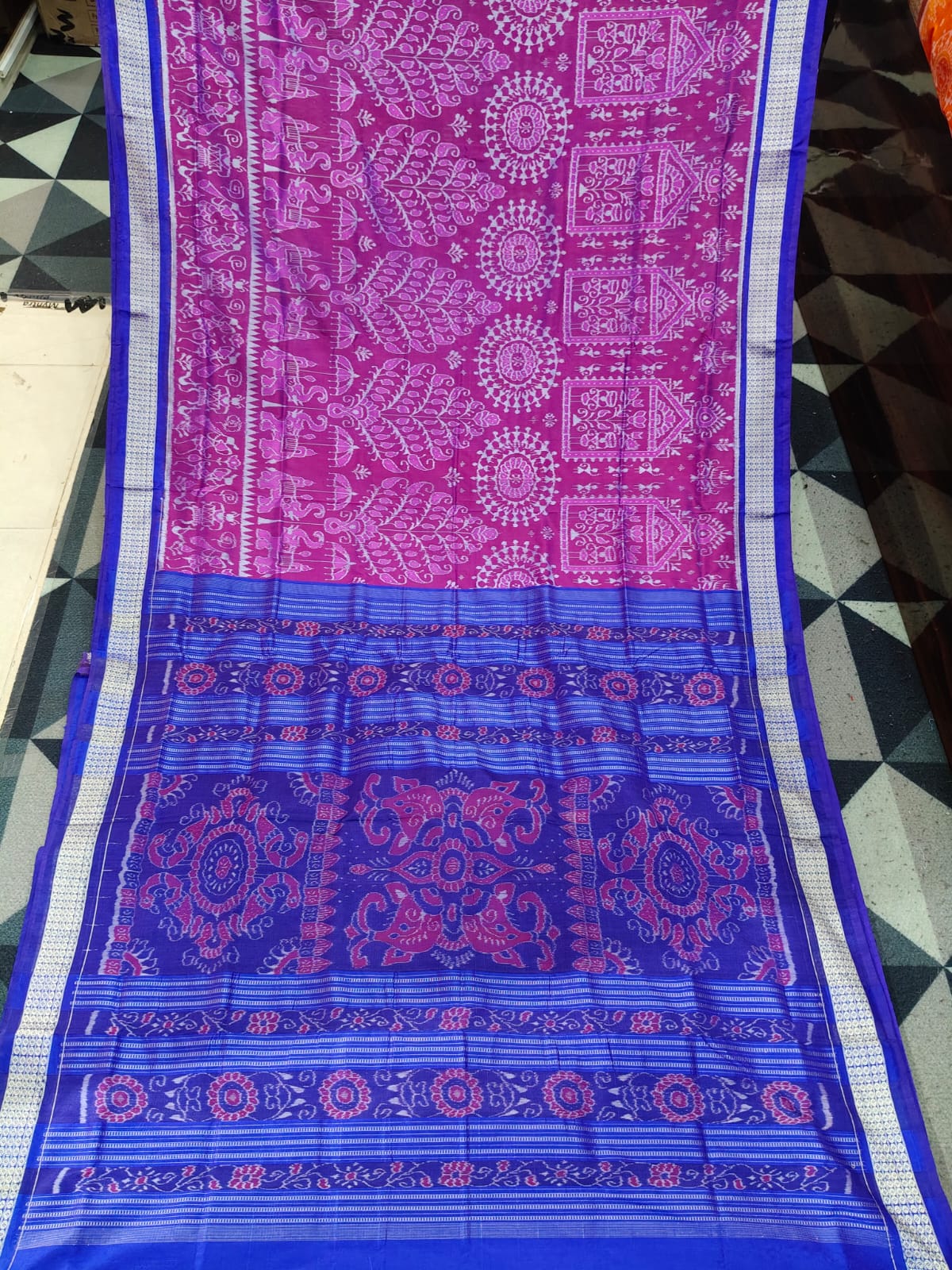 Magenta Blue Round Tribal Tree & Scot Elephant Sambalpuri Semi Silk Saree