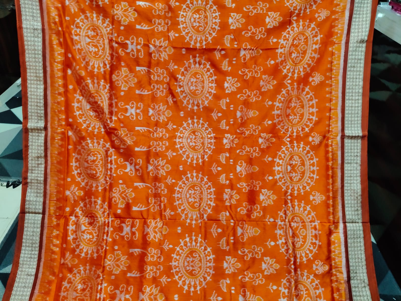 Orange Coffee Round Tribal & Tree Sambalpuri Semi Silk Saree