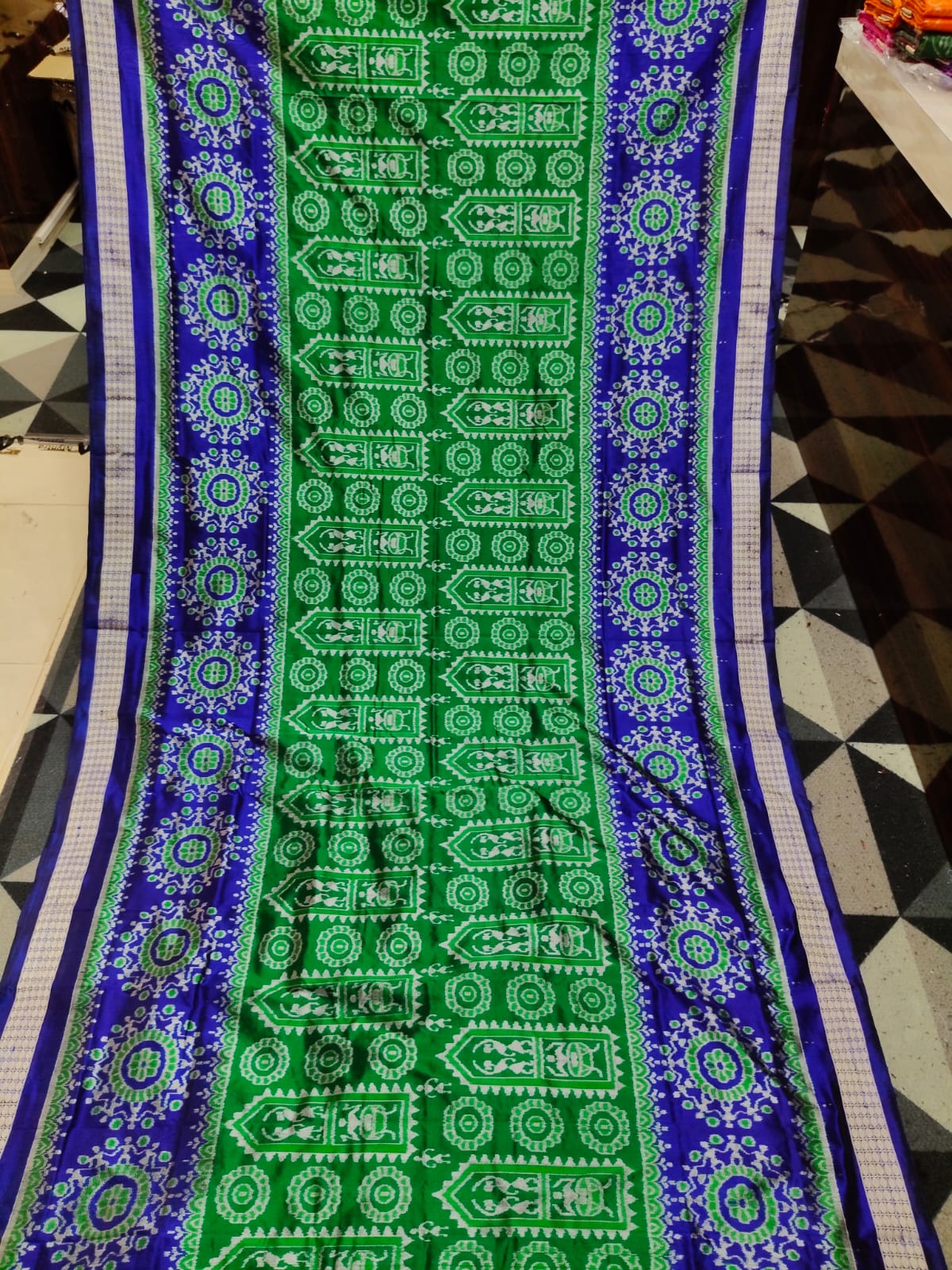 Green Blue Tribal House & Flower Sambalpuri Semi Silk Saree