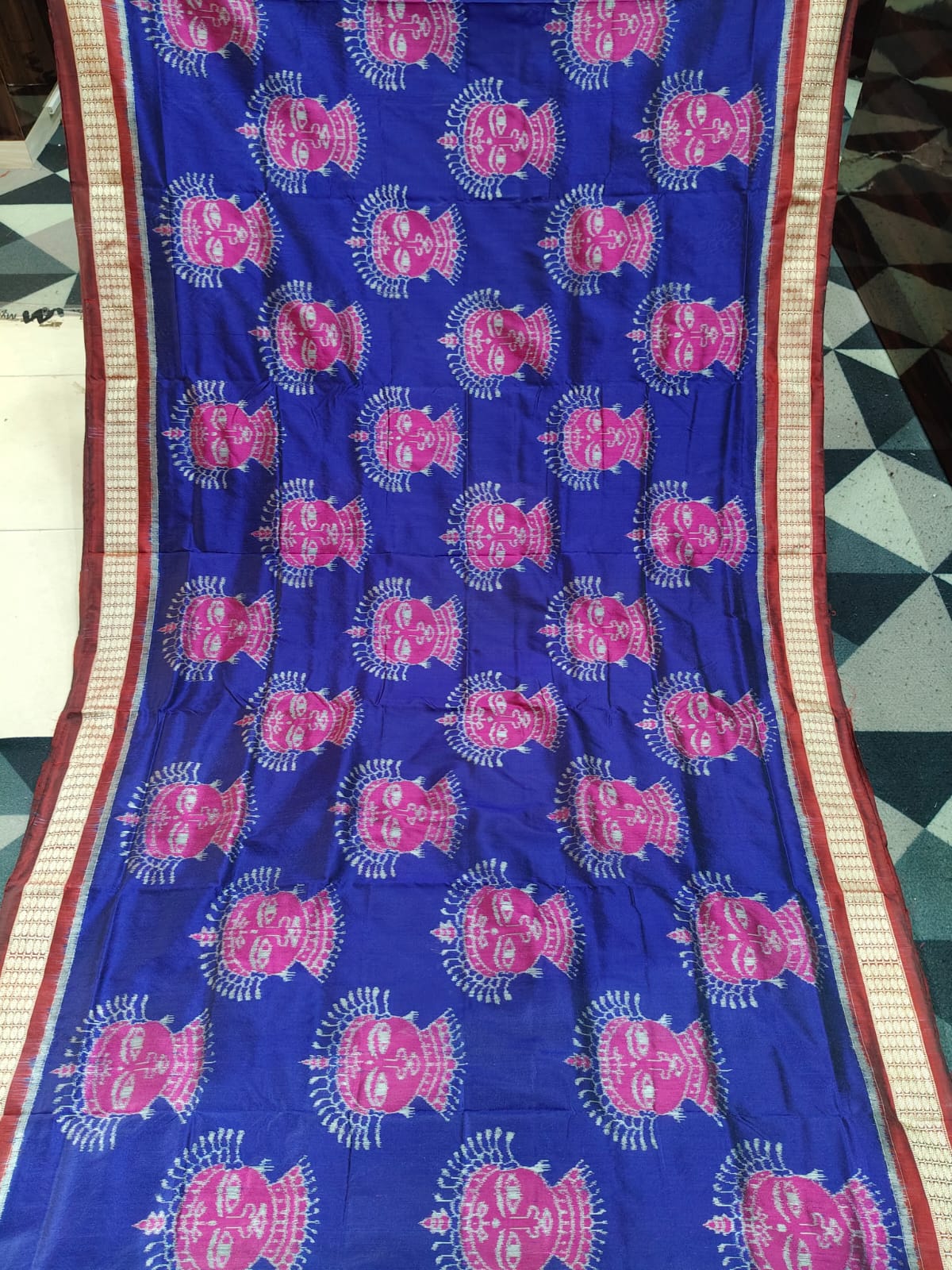 Navy Blue Maroon  Magenta Odishi Face Sambalpuri Semi Silk Saree