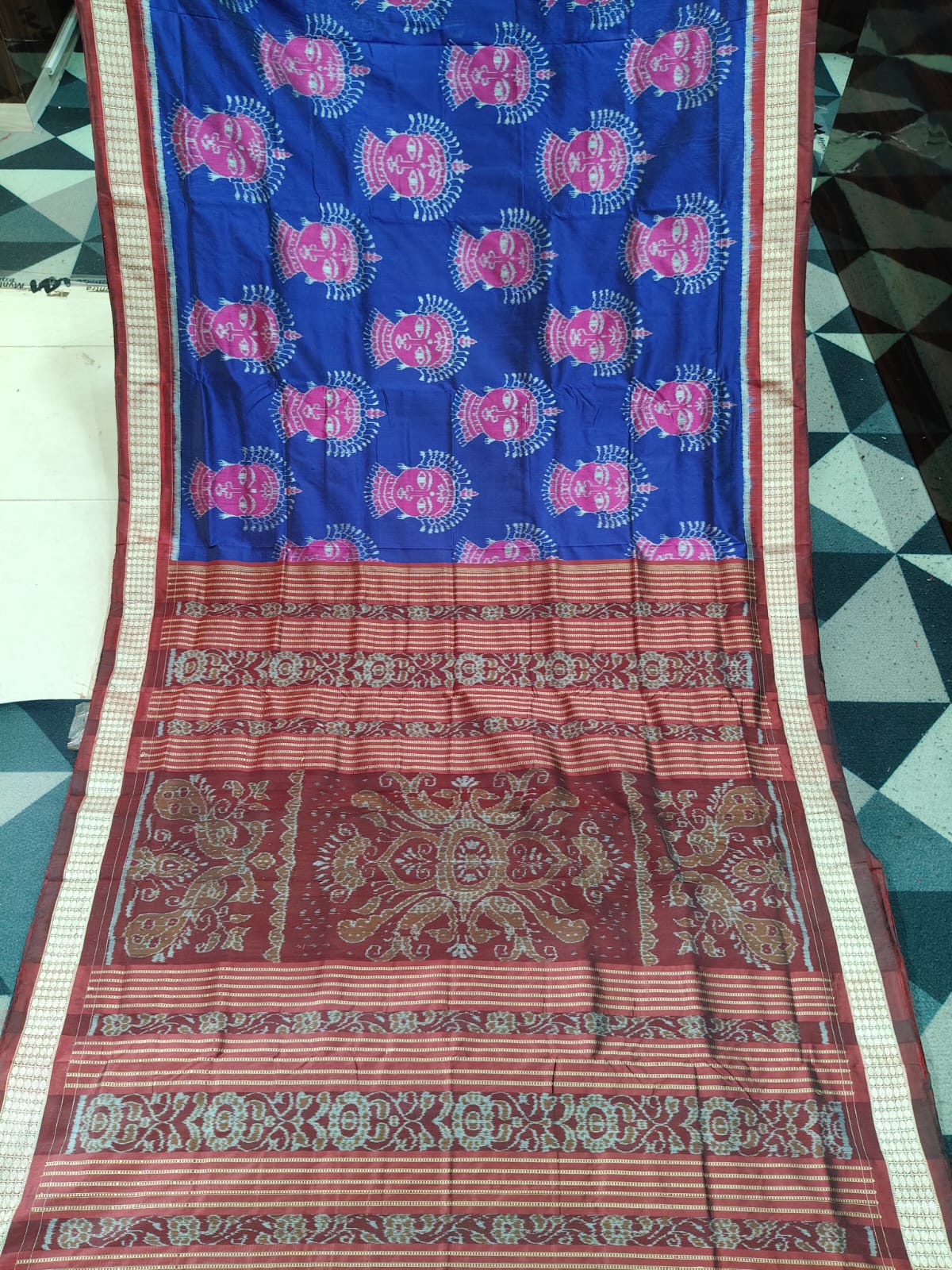 Navy Blue Maroon  Magenta Odishi Face Sambalpuri Semi Silk Saree