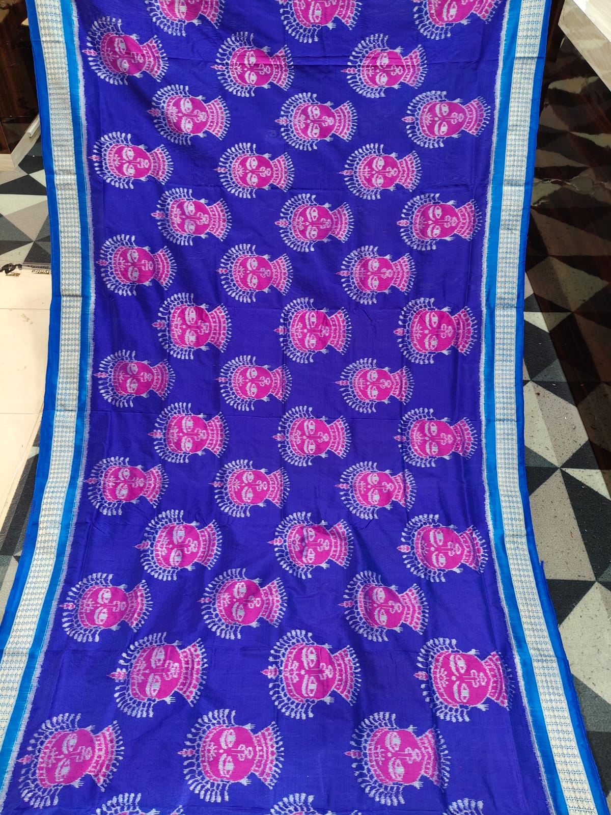 Navy Blue Copper Sulphate Magenta Odishi Face Sambalpuri Semi Silk Saree