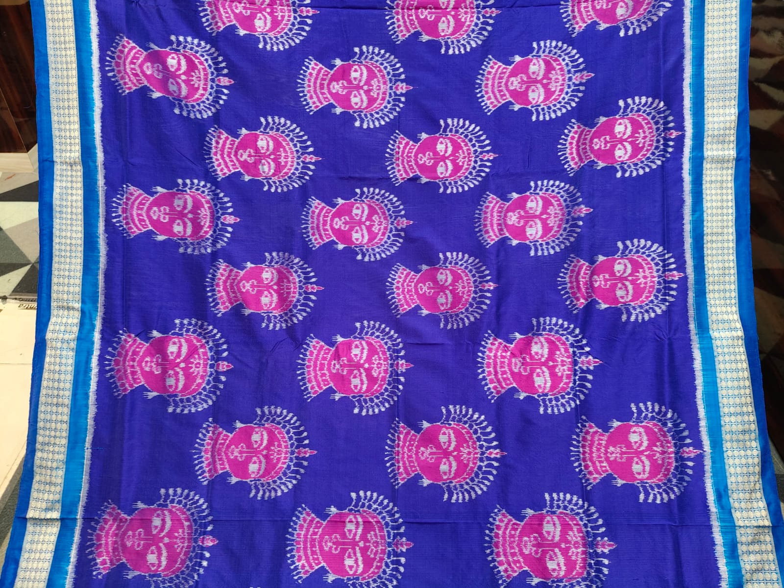 Navy Blue Copper Sulphate Magenta Odishi Face Sambalpuri Semi Silk Saree