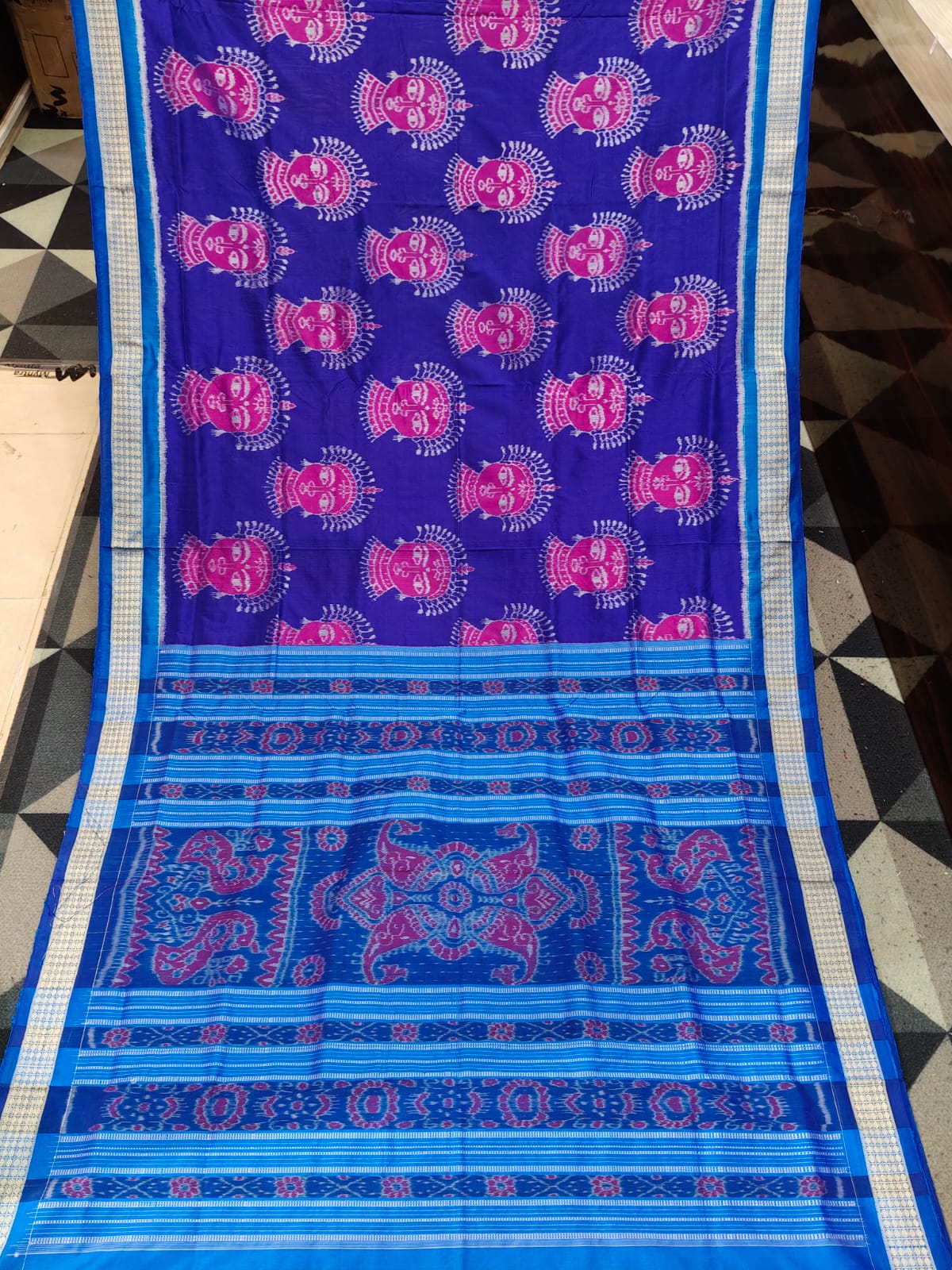 Navy Blue Copper Sulphate Magenta Odishi Face Sambalpuri Semi Silk Saree