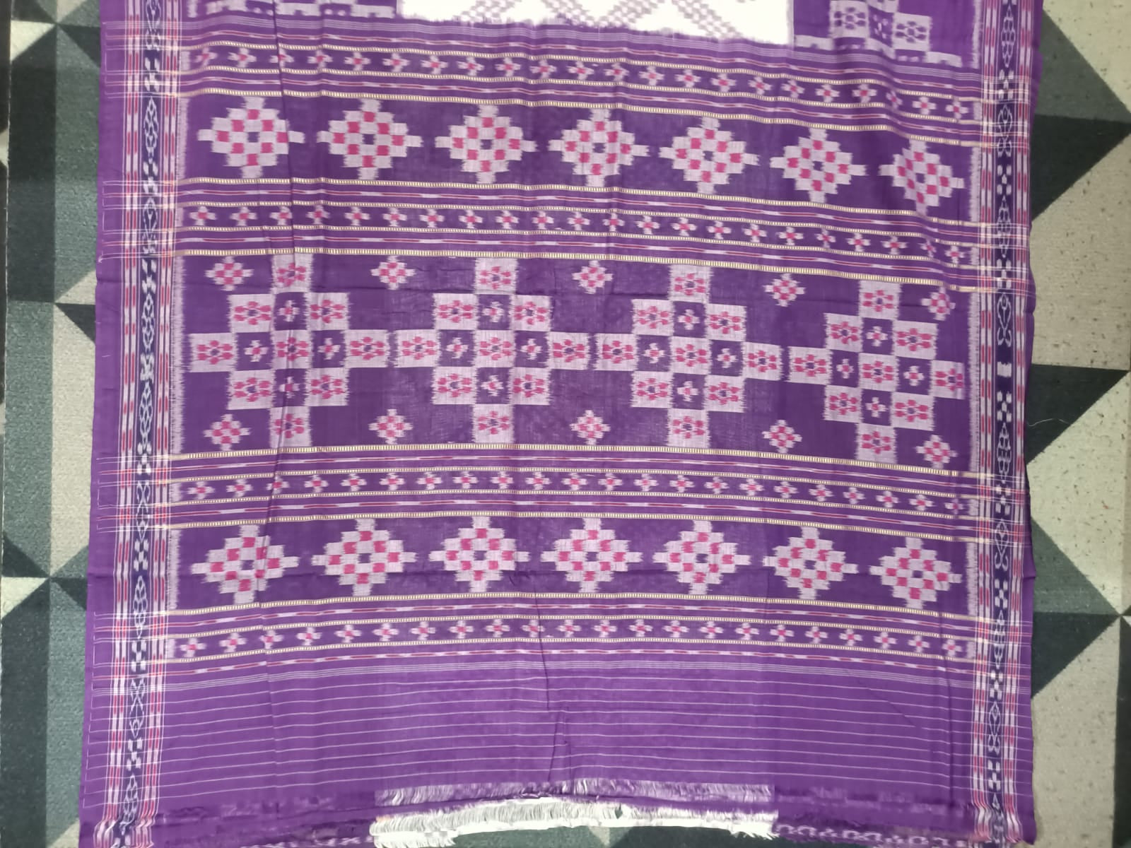 White Purple Tarabali Design Khandua Cotton Saree