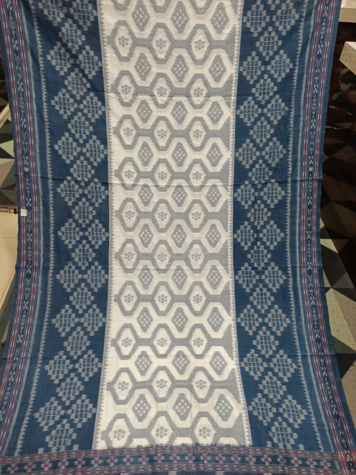 White Teal Blue Pasapali Design Khandua Cotton Saree