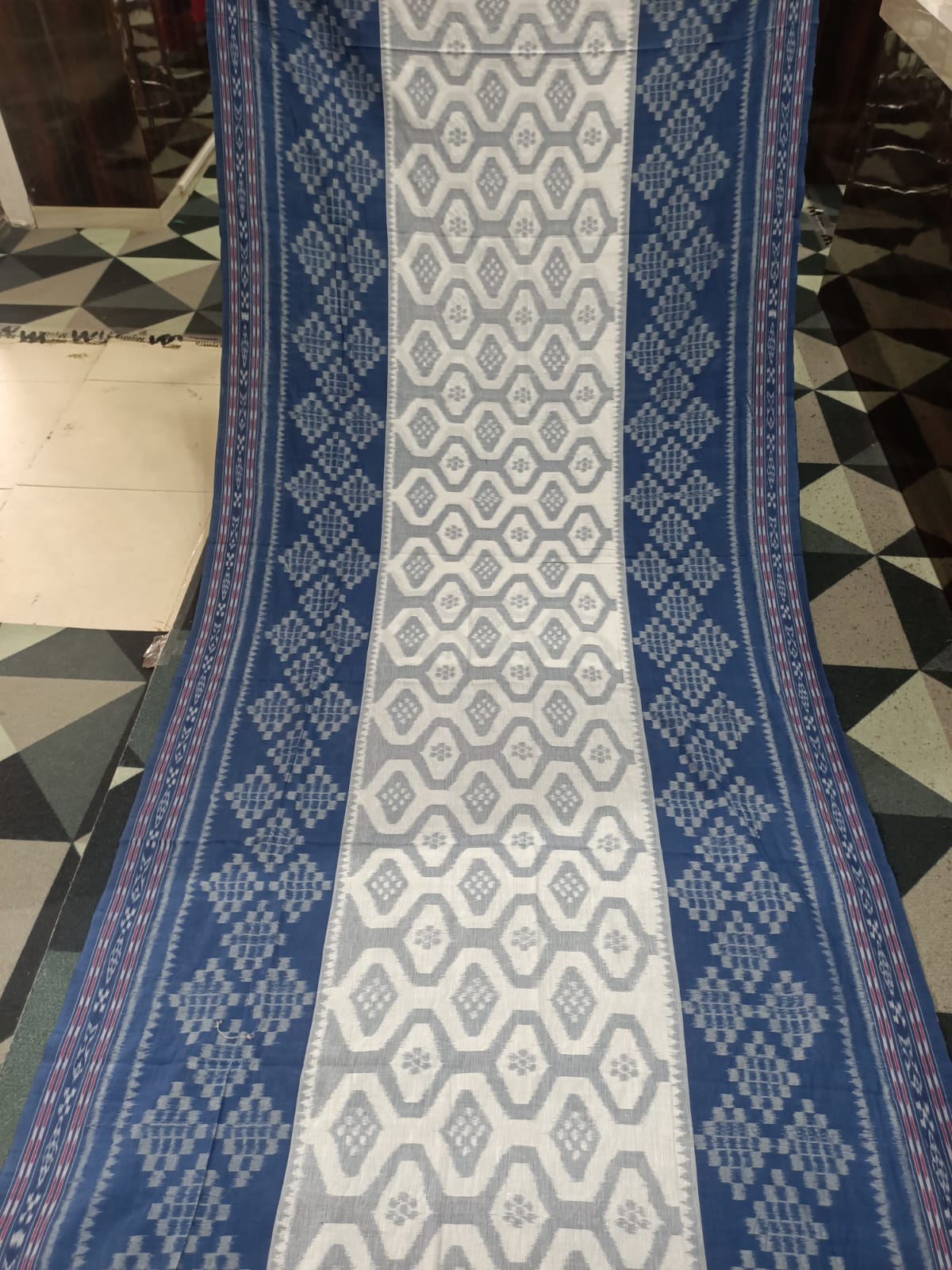 White Teal Blue Pasapali Design Khandua Cotton Saree