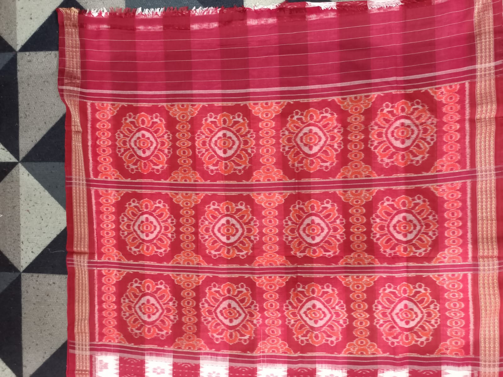White Red  Pasapali Design Khandua Cotton Saree