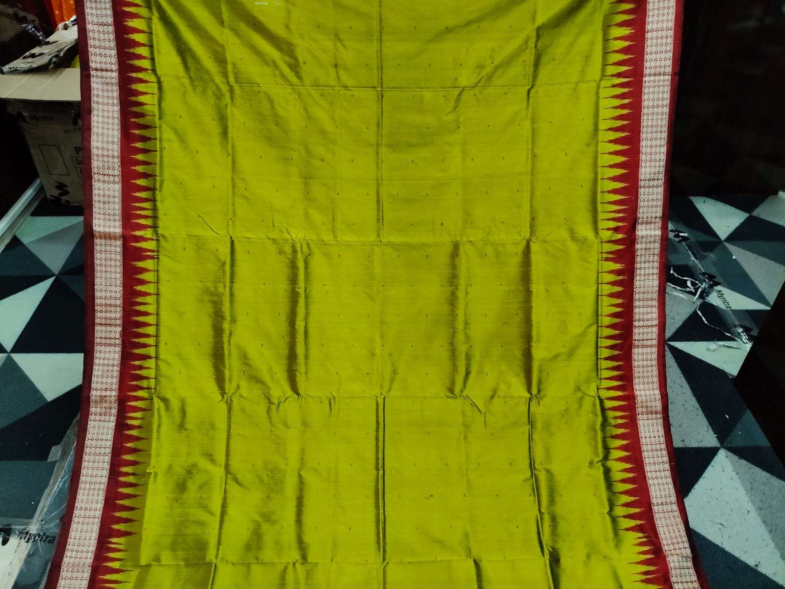 Neon Green Maroon Mini Buti  Bomkai Silk Saree