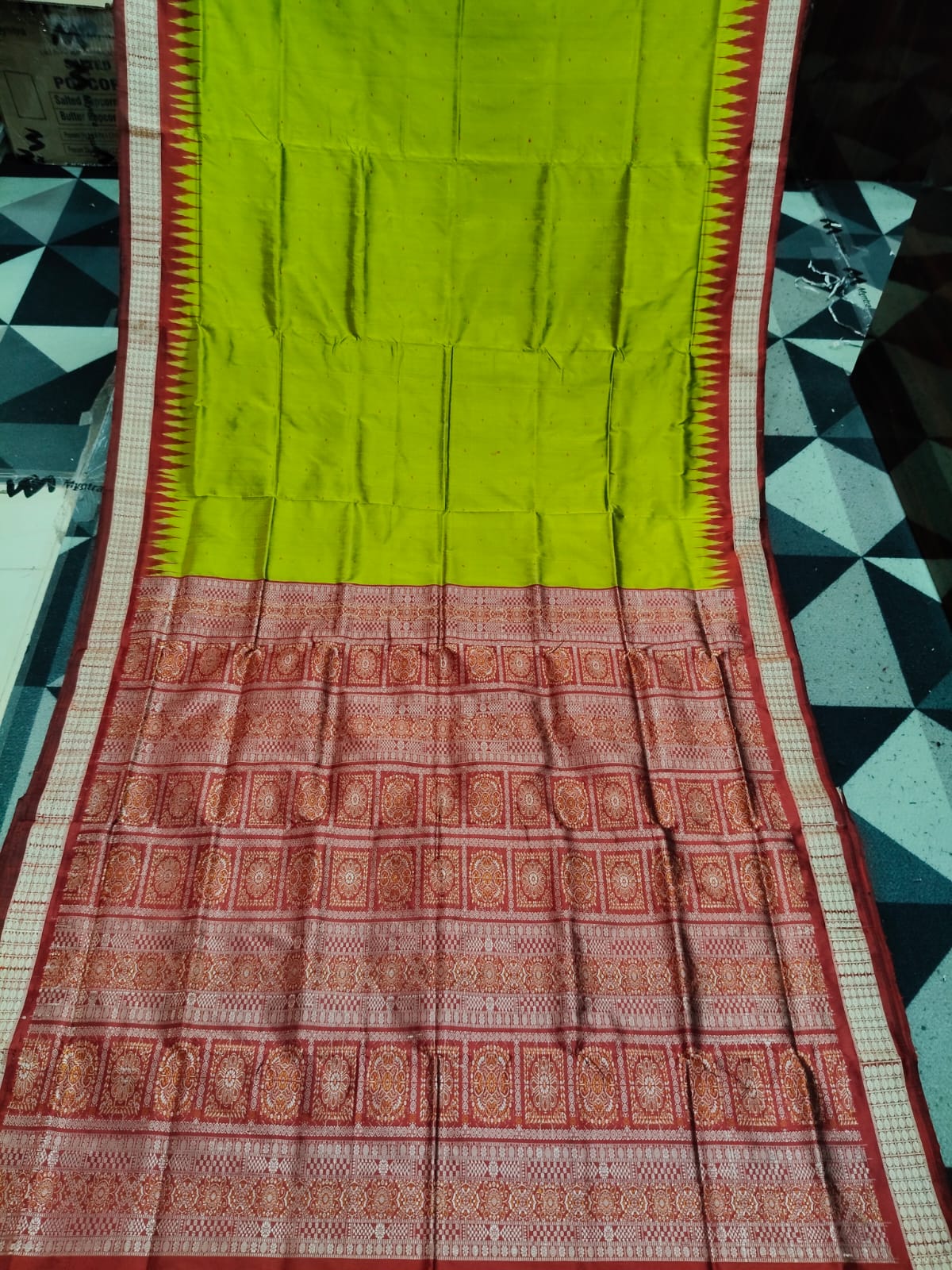 Neon Green Maroon Mini Buti  Bomkai Silk Saree
