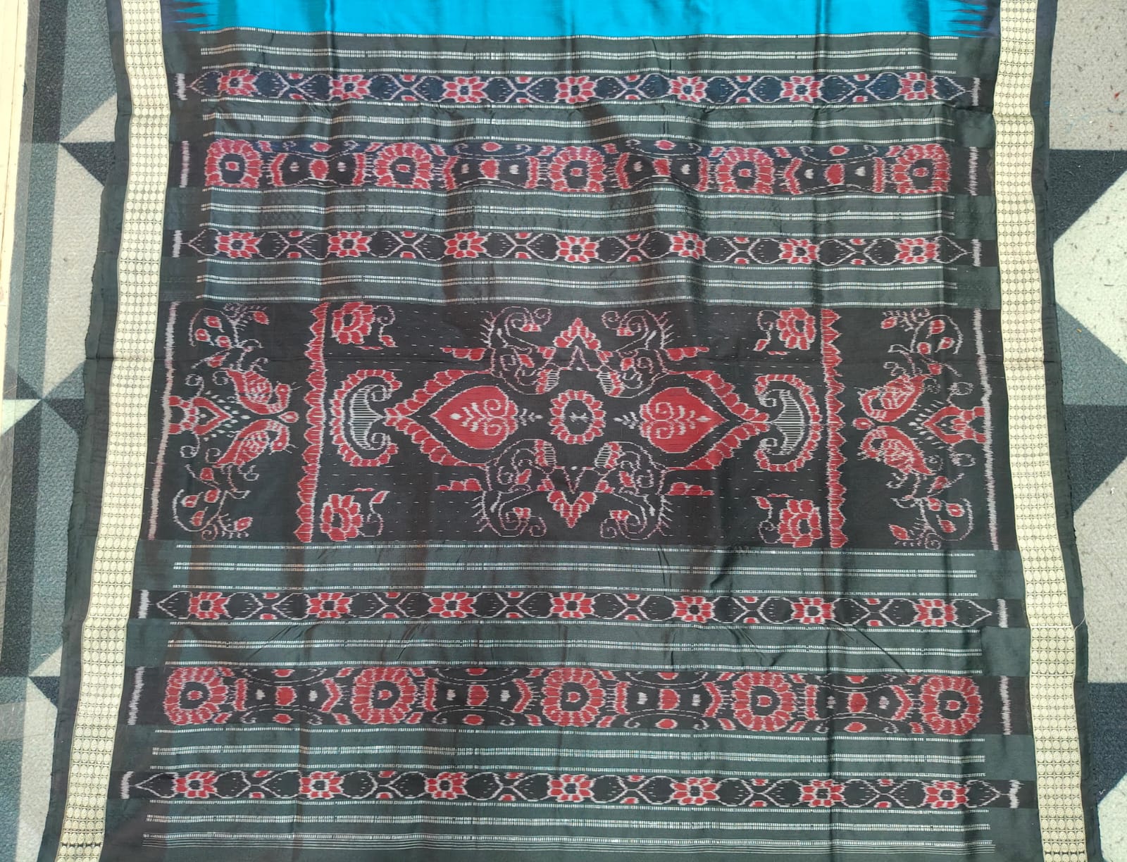 Peacock Blue Black Mini Buti  Bomkai Silk Saree