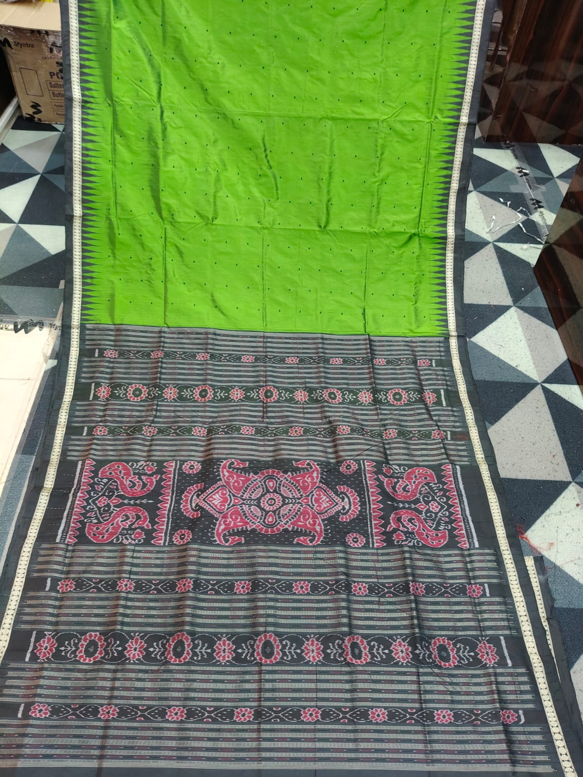 Forest Green Black Single Border Mini Buti  Bomkai Silk Saree
