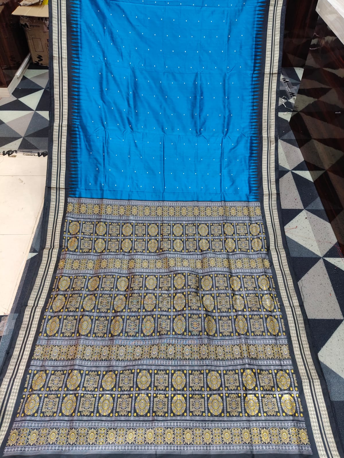 Peacock Blue Black  Mini Buti  Bomkai Silk Saree