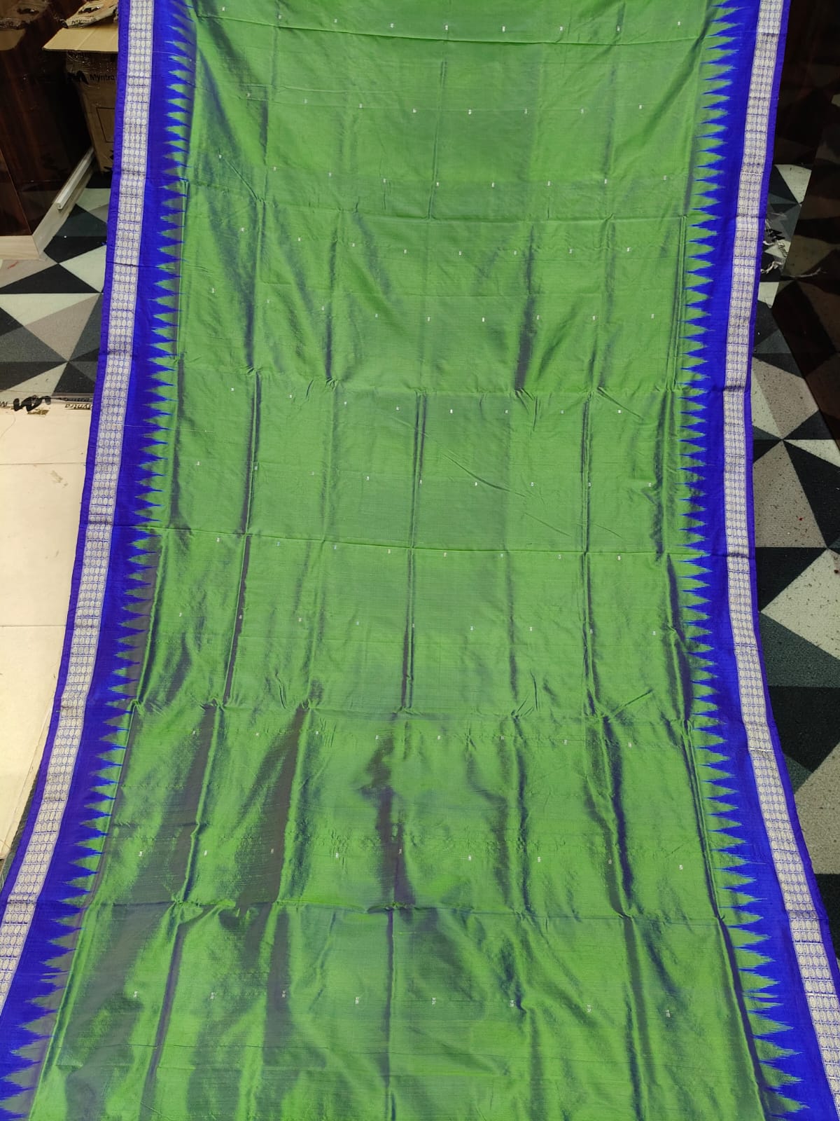 Dual Shade Lime Green Blue Mini Buti  Bomkai Silk Saree