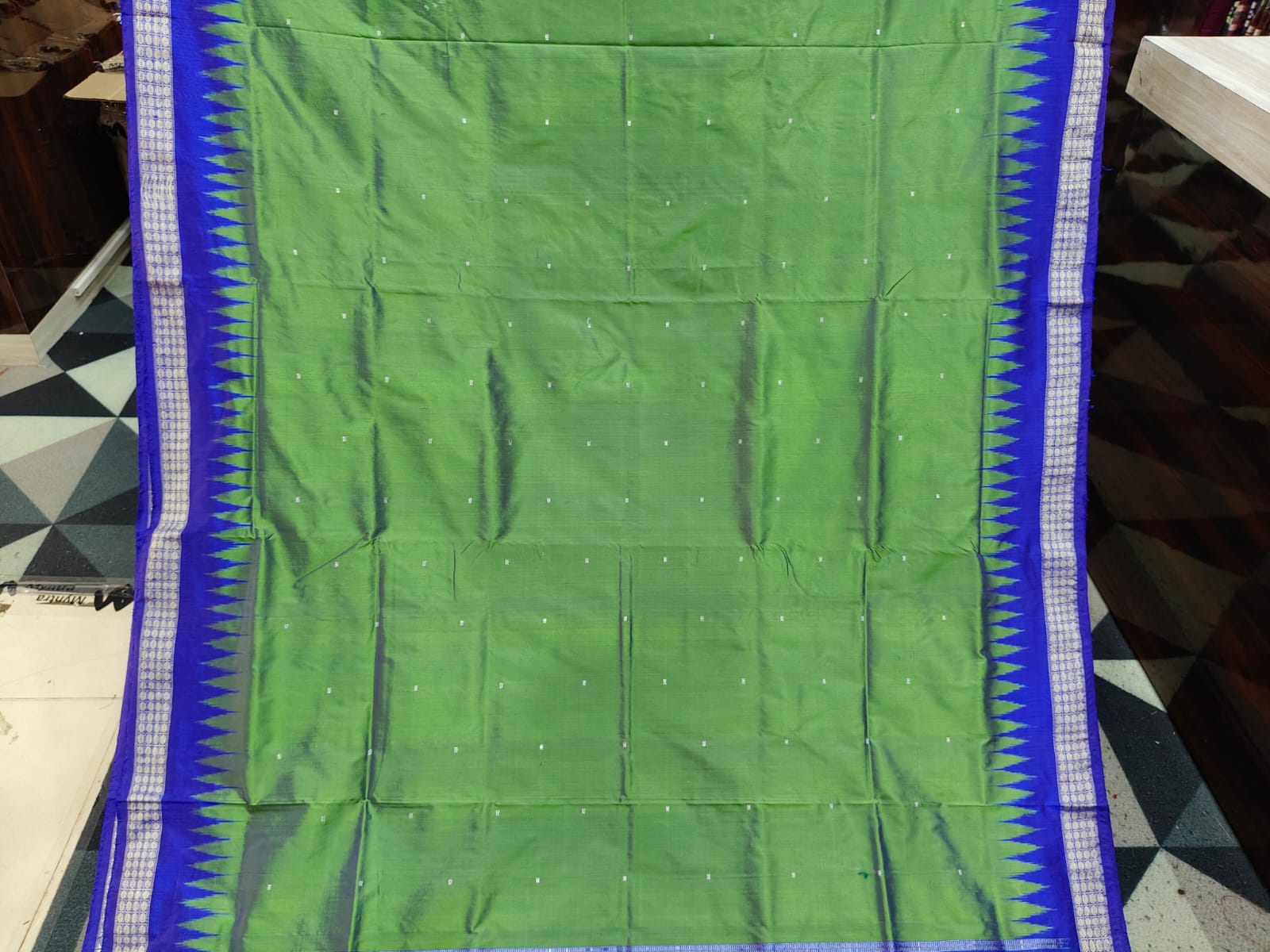 Dual Shade Lime Green Blue Mini Buti  Bomkai Silk Saree