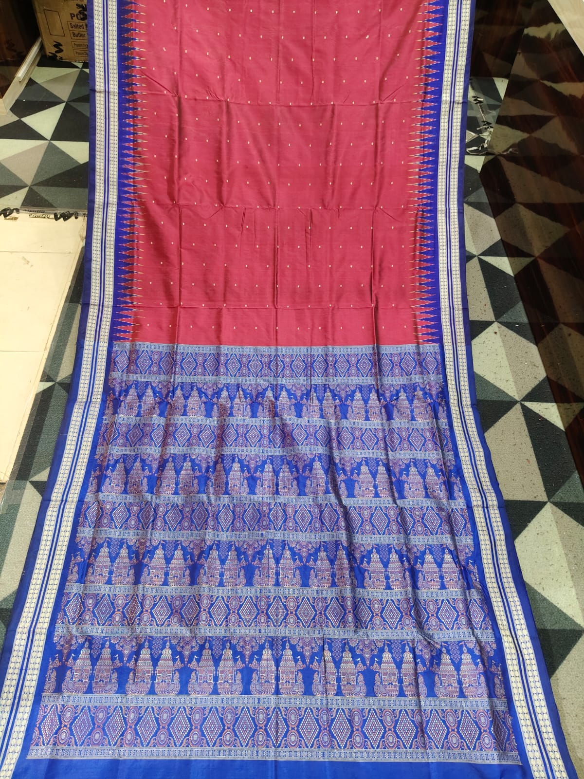 Magenta Blue Mini Buti  Bomkai Silk Saree