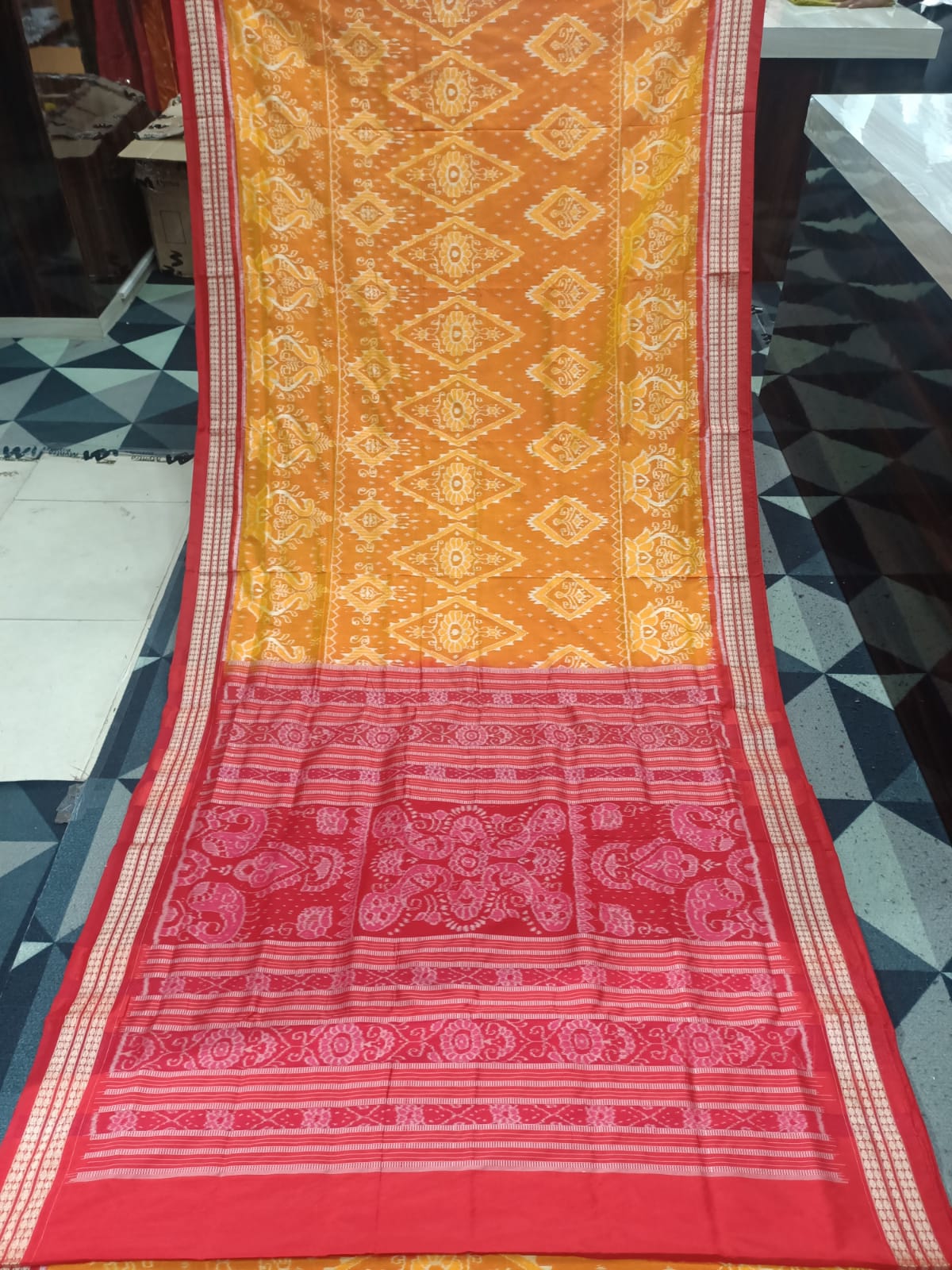 Yellow Red  Big Flower Design Sambalpuri Semi Silk Saree