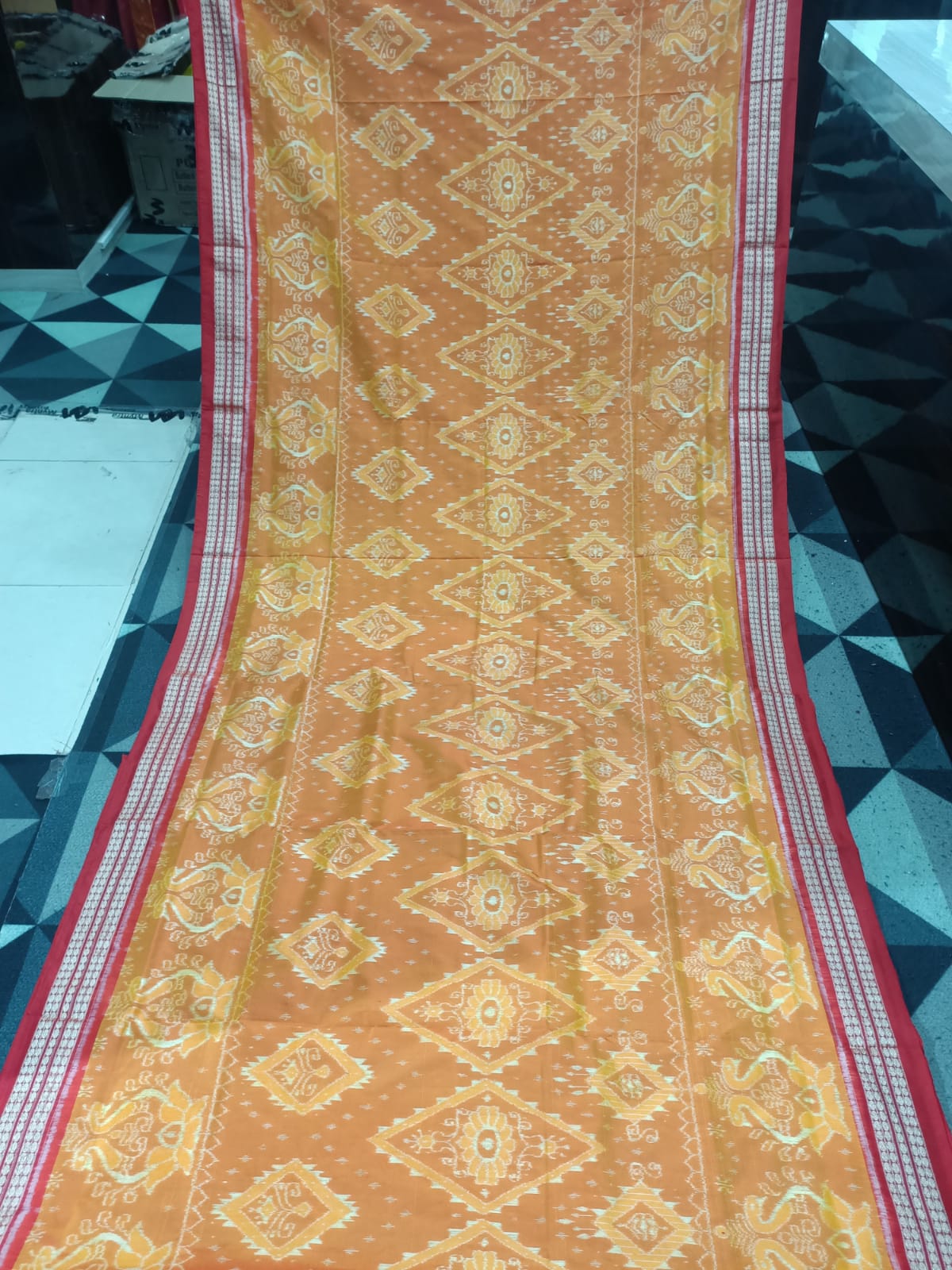 Yellow Red  Big Flower Design Sambalpuri Semi Silk Saree