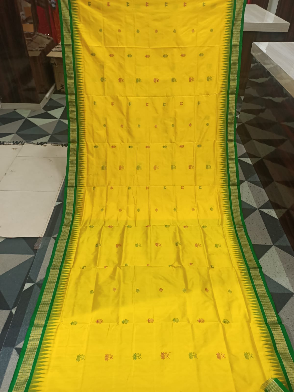 Yellow Green Kalasi  Laxmi Pada  Bomkai Half Tissue Silk Saree