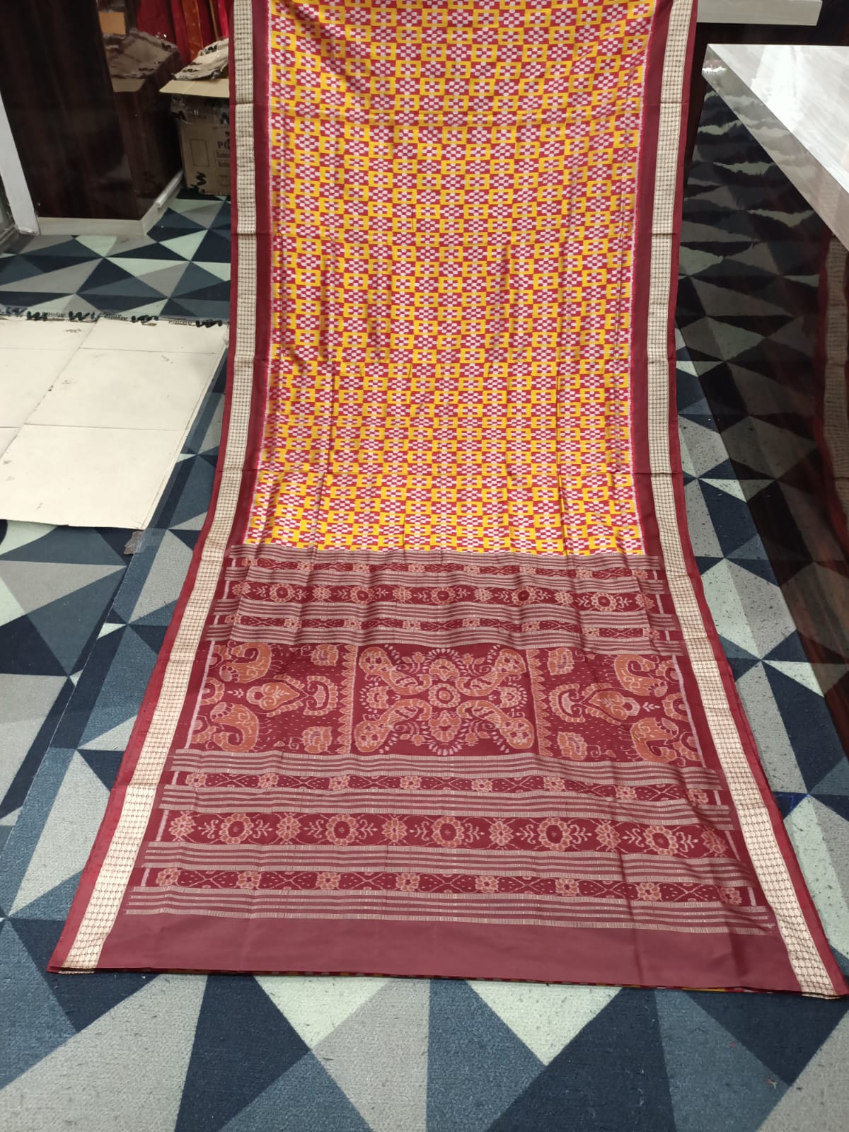 Yellow Maroon Mini Pasapali  Sambalpuri Semi Silk Saree