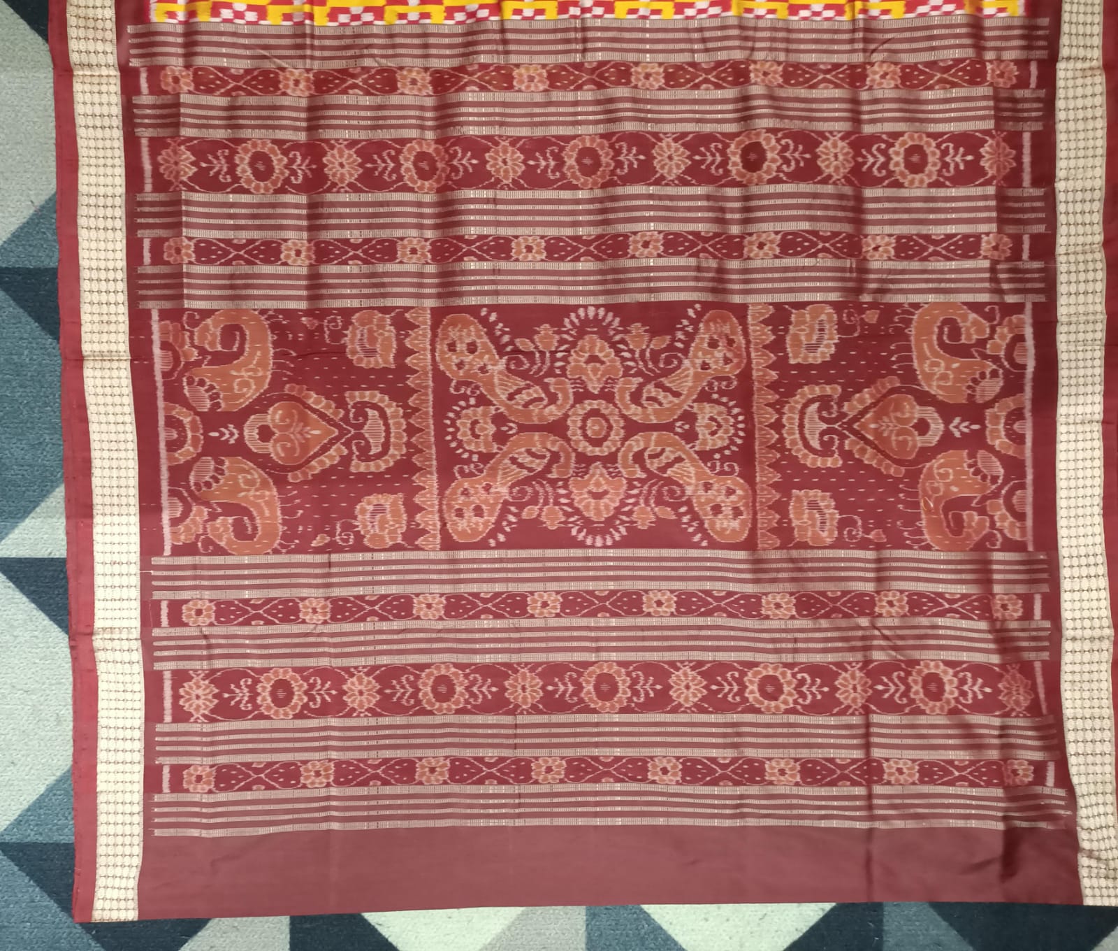 Yellow Maroon Mini Pasapali  Sambalpuri Semi Silk Saree