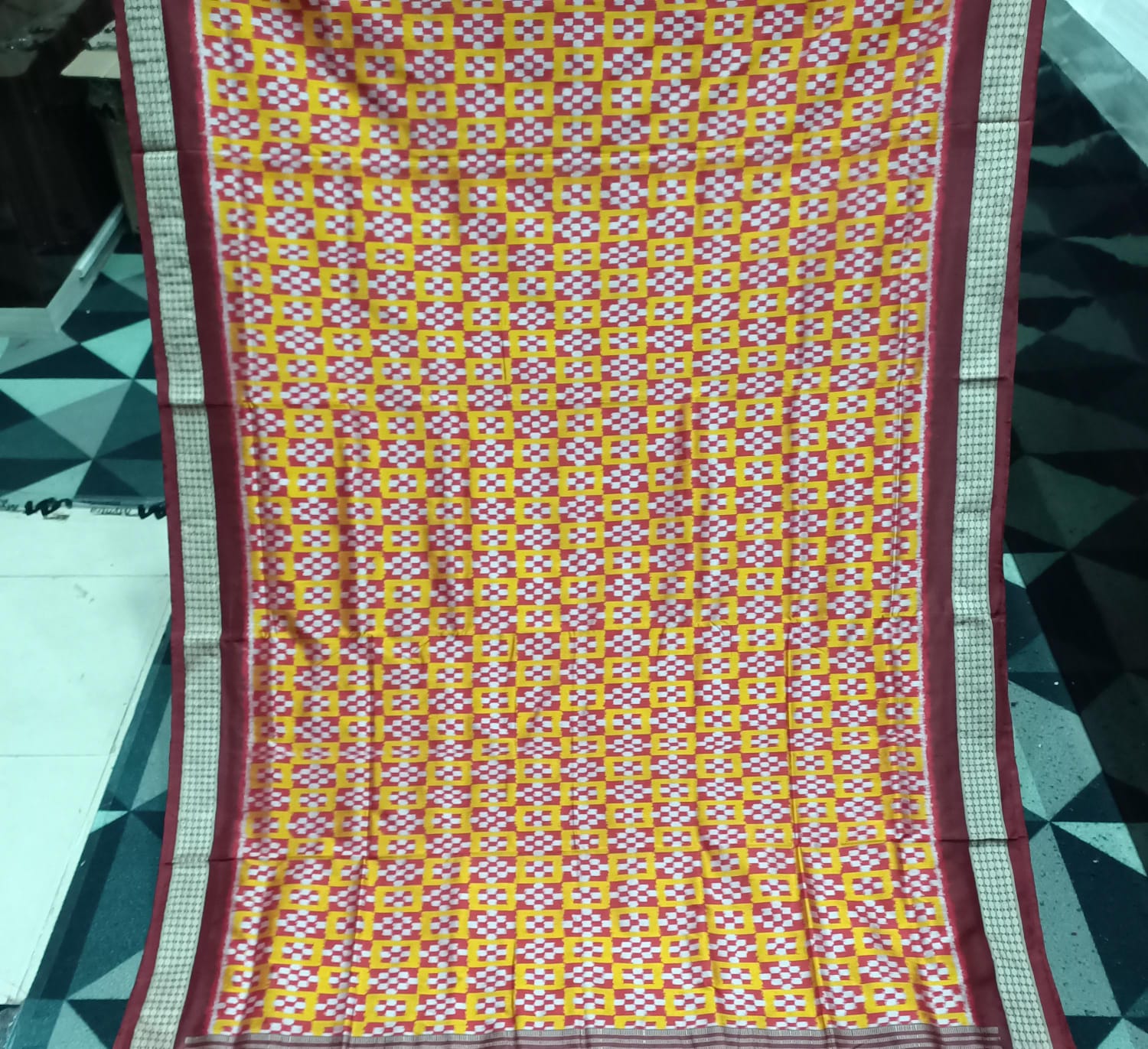 Yellow Maroon Mini Pasapali  Sambalpuri Semi Silk Saree