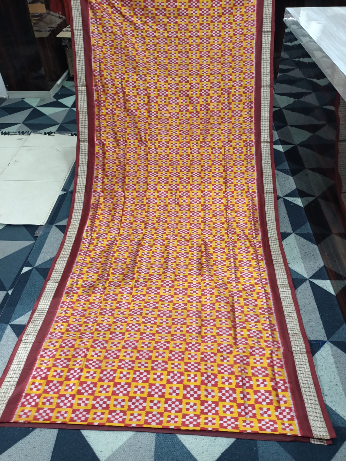 Yellow Maroon Mini Pasapali  Sambalpuri Semi Silk Saree