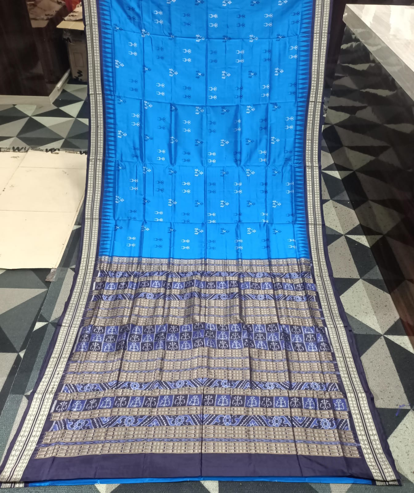 Copper Sulphate Navy Blue Tribal Design Bomkai Silk Saree