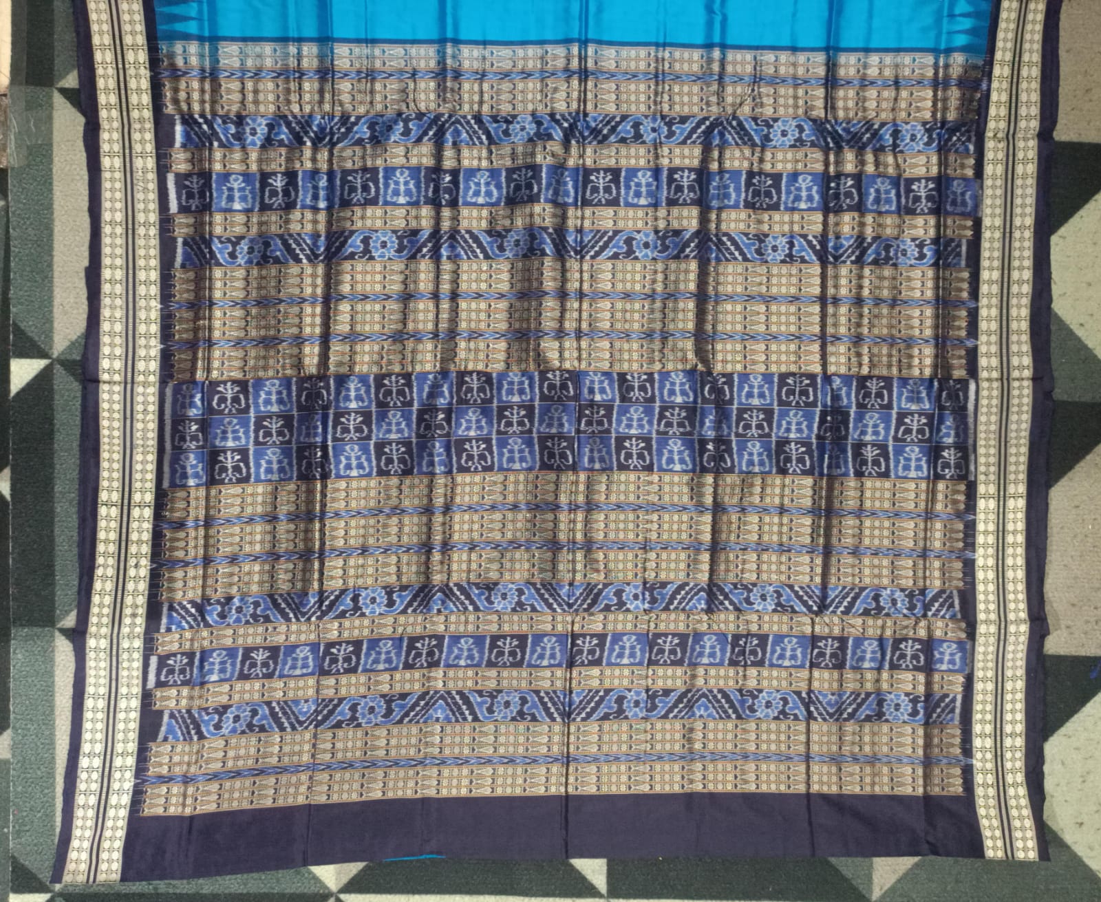 Copper Sulphate Navy Blue Tribal Design Bomkai Silk Saree