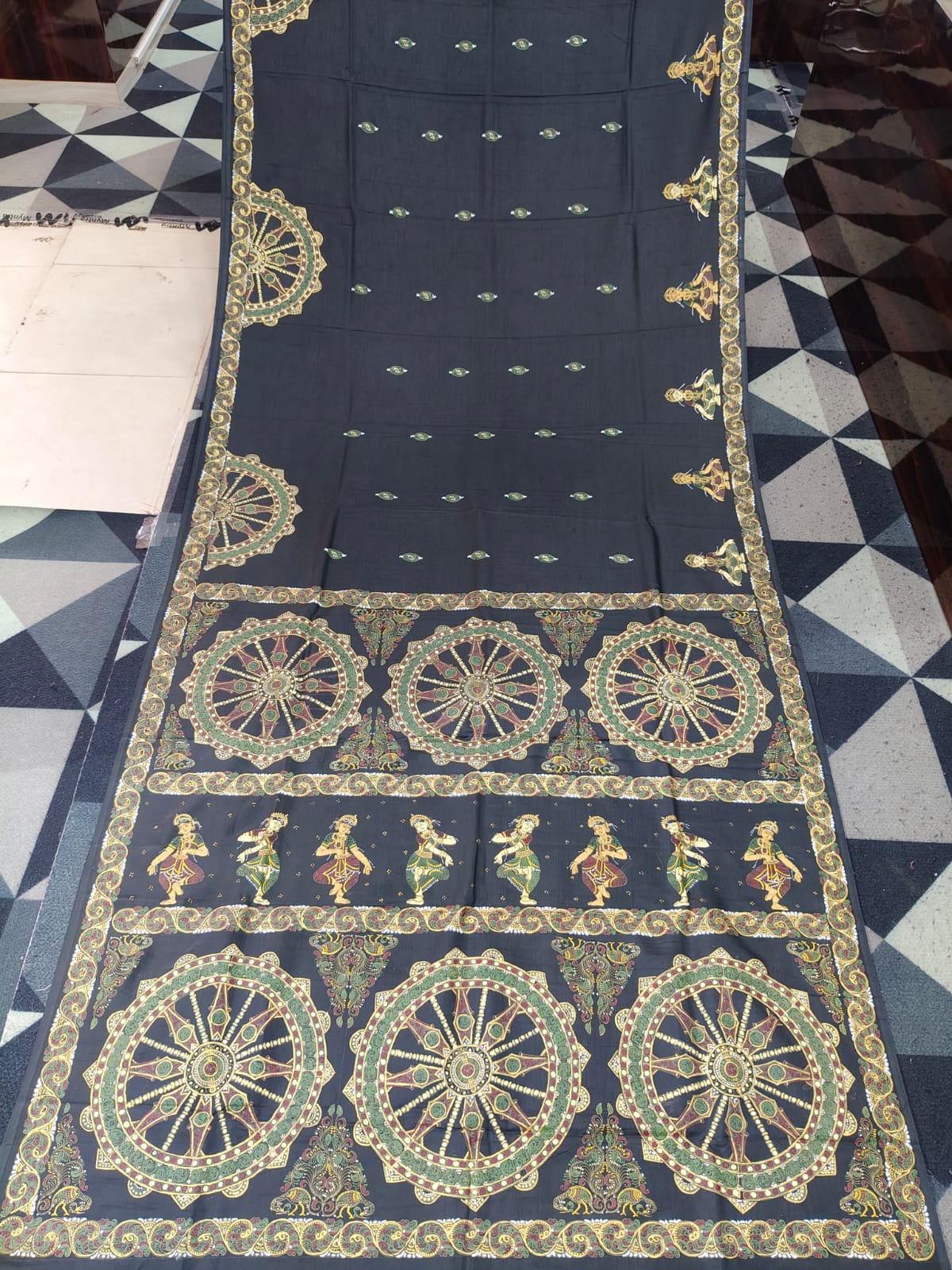 Black Konark Wheel & Dancer Theme Pattachitra Khadi Silk Saree