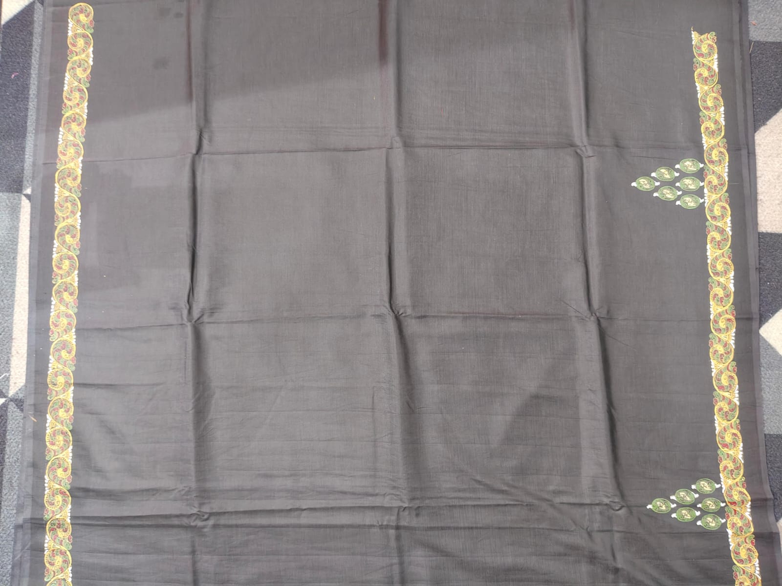 Black Konark Wheel & Dancer Theme Pattachitra Khadi Silk Saree
