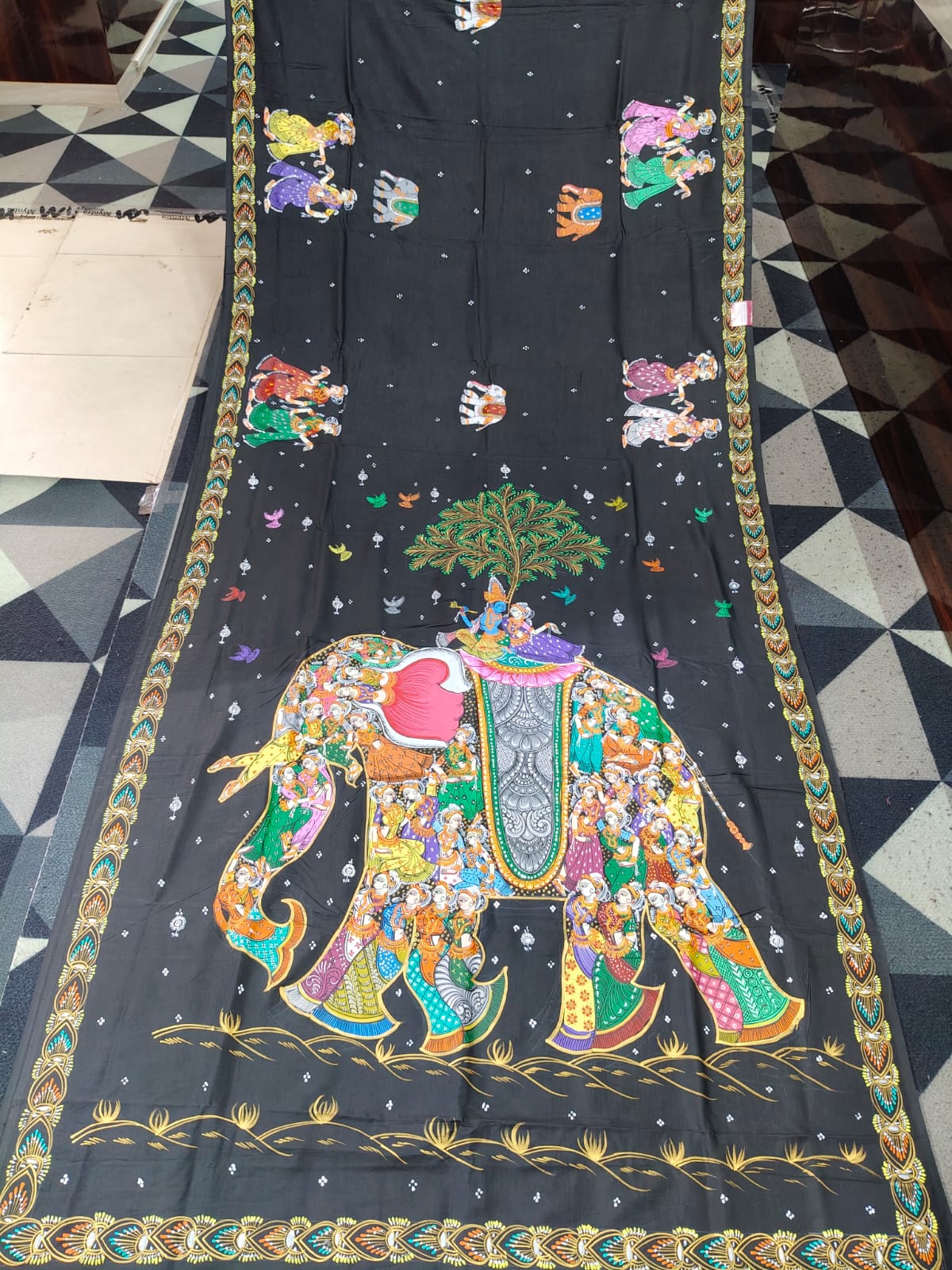 Black Kandarpa Hasti  Theme Pattachitra Khadi Silk Saree