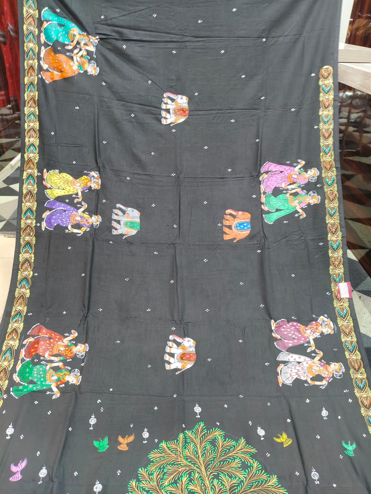 Black Kandarpa Hasti  Theme Pattachitra Khadi Silk Saree