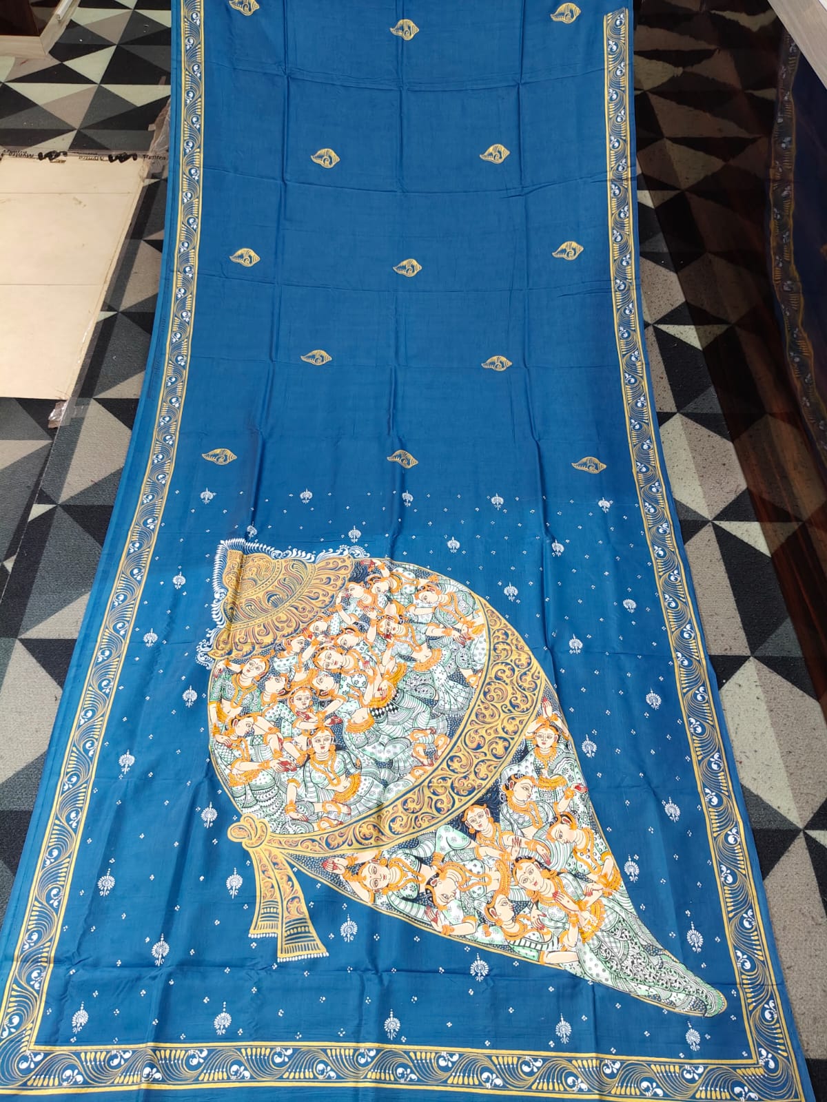 Teal Blue Kandarpa Sankha Theme Pattachitra Khadi Silk Saree